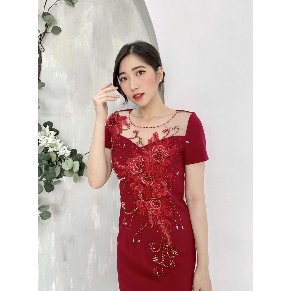 Trung niên nữ, đầm thiết kế phối hoa , đầm dự tiệc