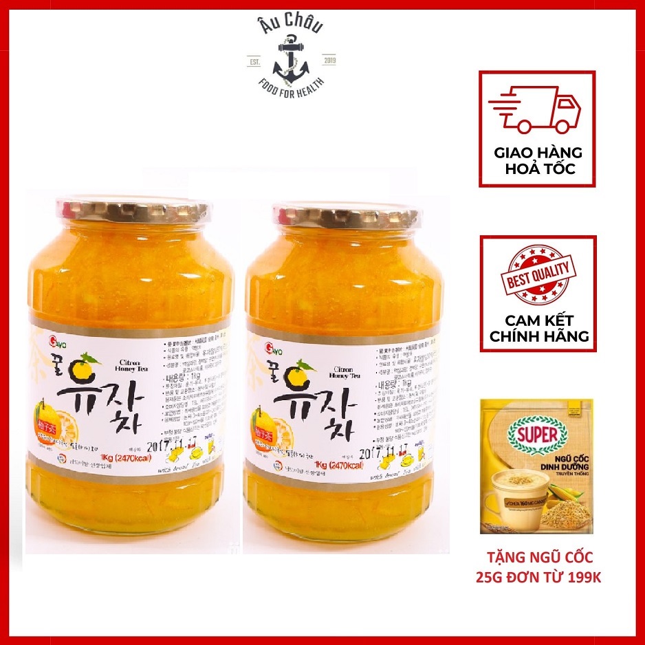 CHÍNH HÃNG COMBO 2 HỦ MẬT ONG CHANH ĐÀO HÀN QUỐC GAVO 1KG NGUYÊN CHẤT NẮP VÀNG DATE MỚI- ÂU CHÂU