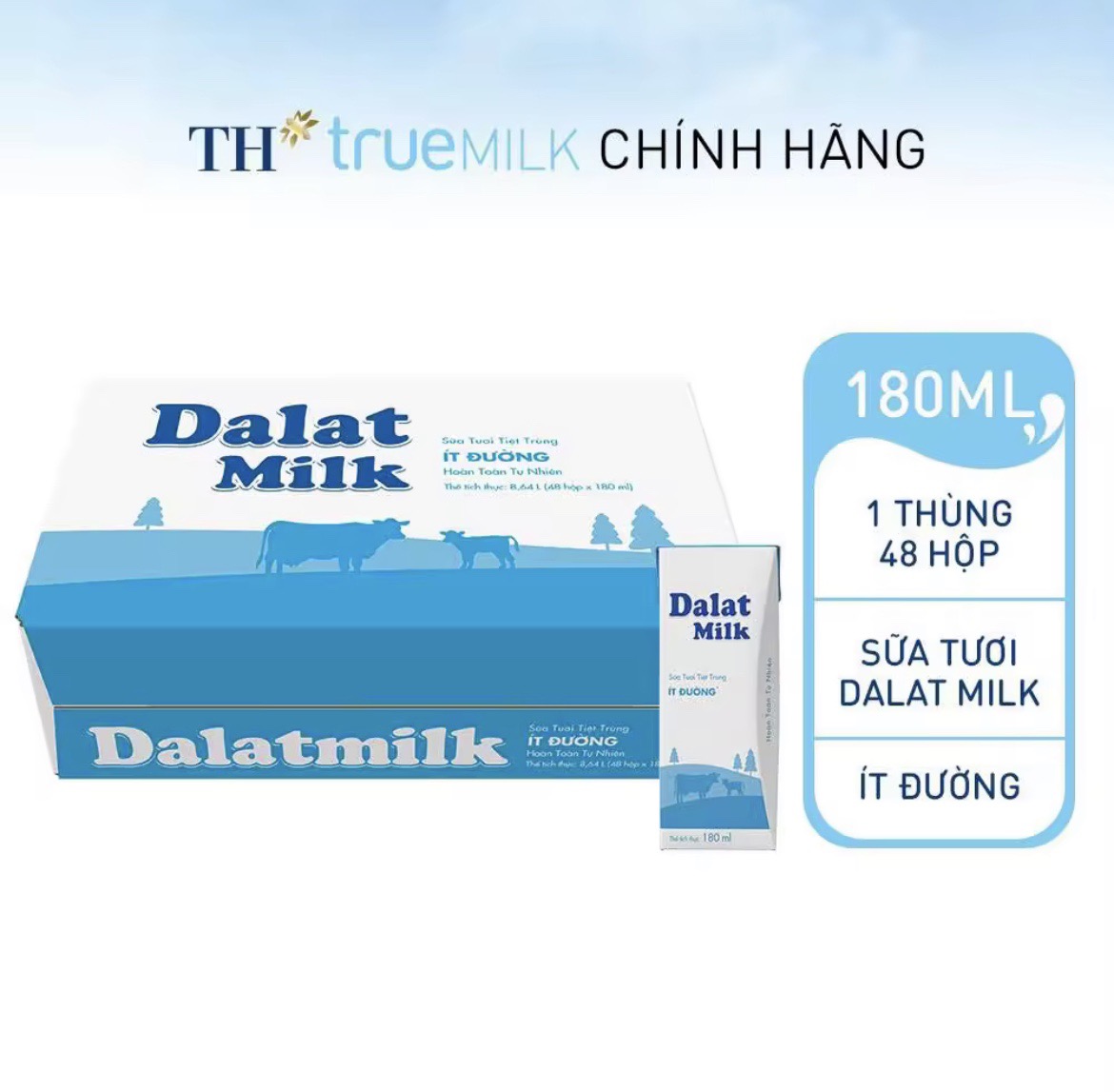 Thùng 48 hộp sữa tươi tiệt trùng ít đường dalatmilk 180ml