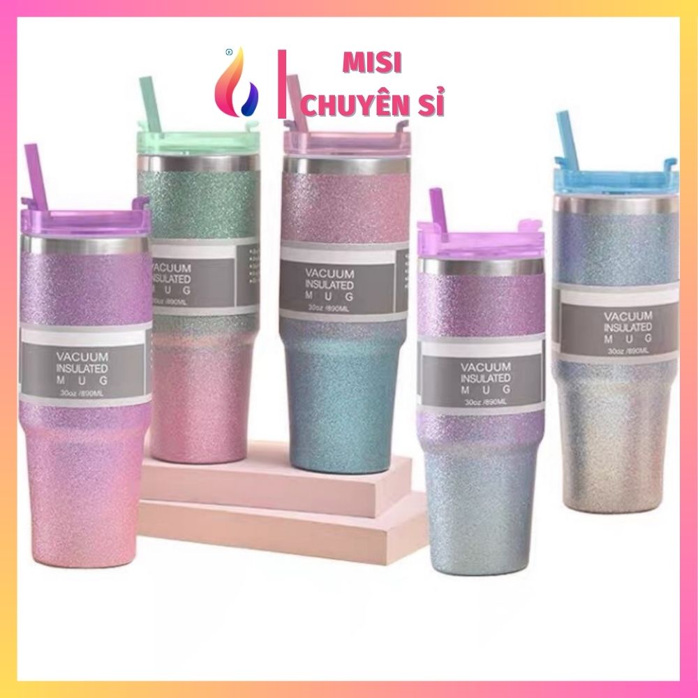 Ly nước giữ nhiệt màu cầu vồng phủ kim tuyến, cốc nước cao cấp gia dụng tốt 900ml inox 304