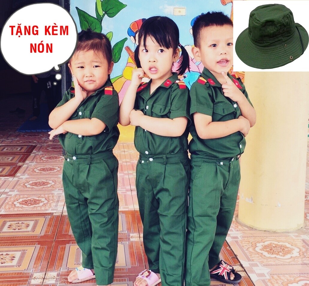 Bộ quần áo bộ đội trẻ em kèm nón tai bèo