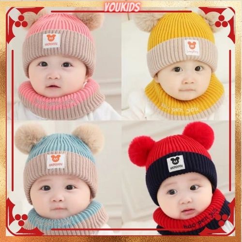 Mũ len kèm khăn quàng cổ cực xinh cho bé trai bé gái mùa đông