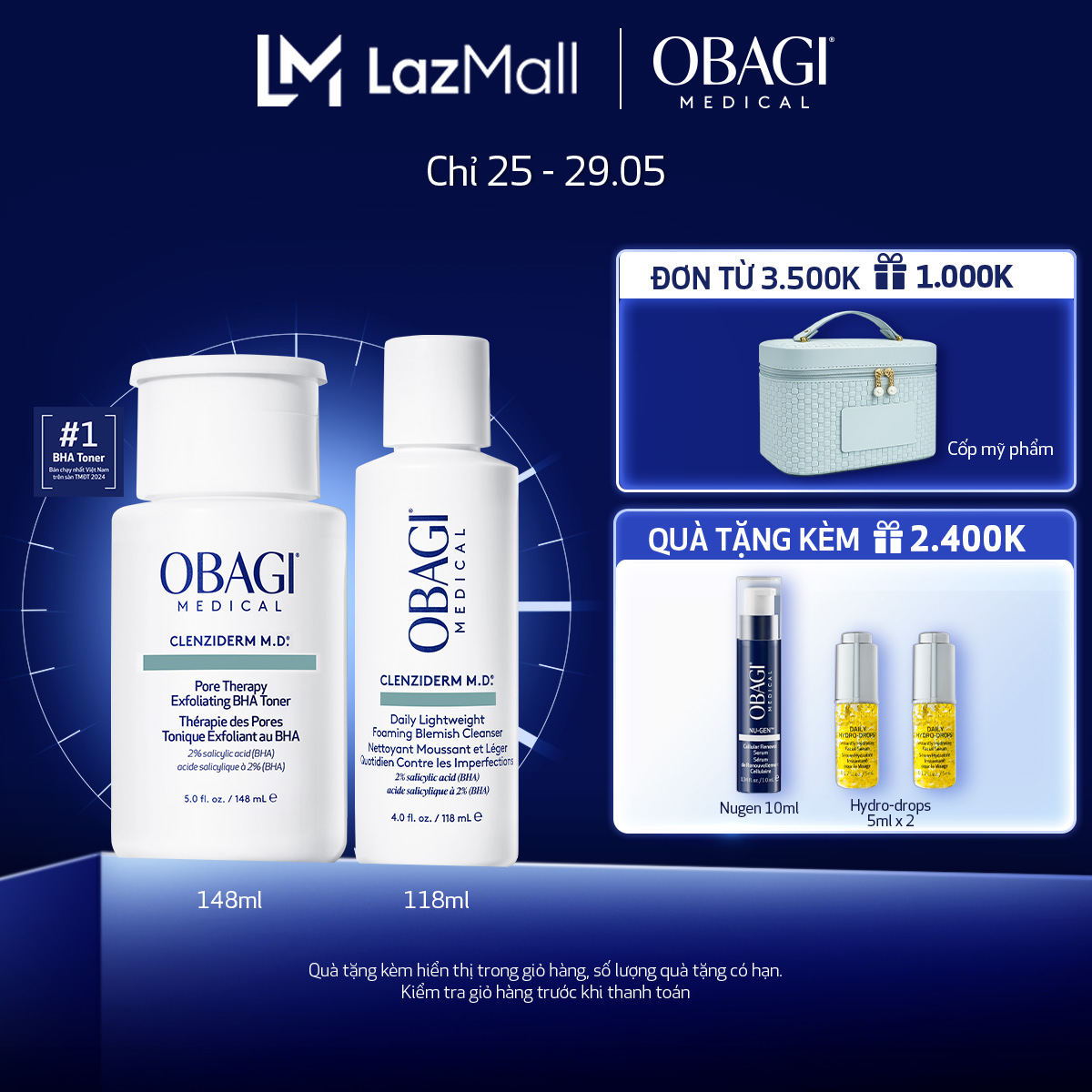 [Phiên bản mới] Bộ đôi dưỡng da Toner BHA làm sạch mụn và tẩy tế bào chết và Sữa rửa mặt Obagi Medical Clenziderm M.D (148ml  118ml)