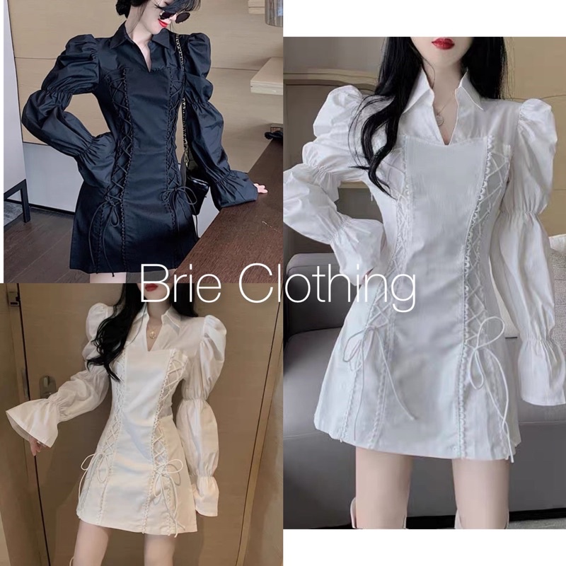 Đầm trắng brie clothing cổ sơ mi đan dây eo tay loe - d226