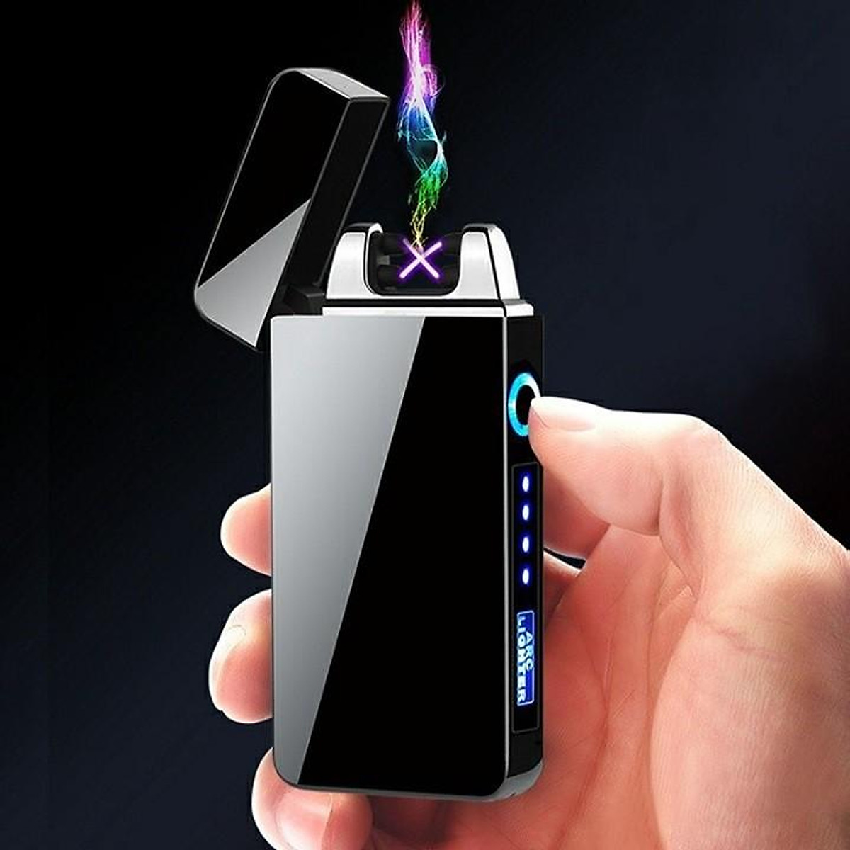 Bật lửa điện plasma 4 tia chống gió - có đèn led hiển thị mức pin quẹt lửa plasma bầu 4 tia hột quẹt bật lửa usb sạc điện , bật lửa điện thông minh arc lighter tạo 4 tia chéo plasma siêu bền