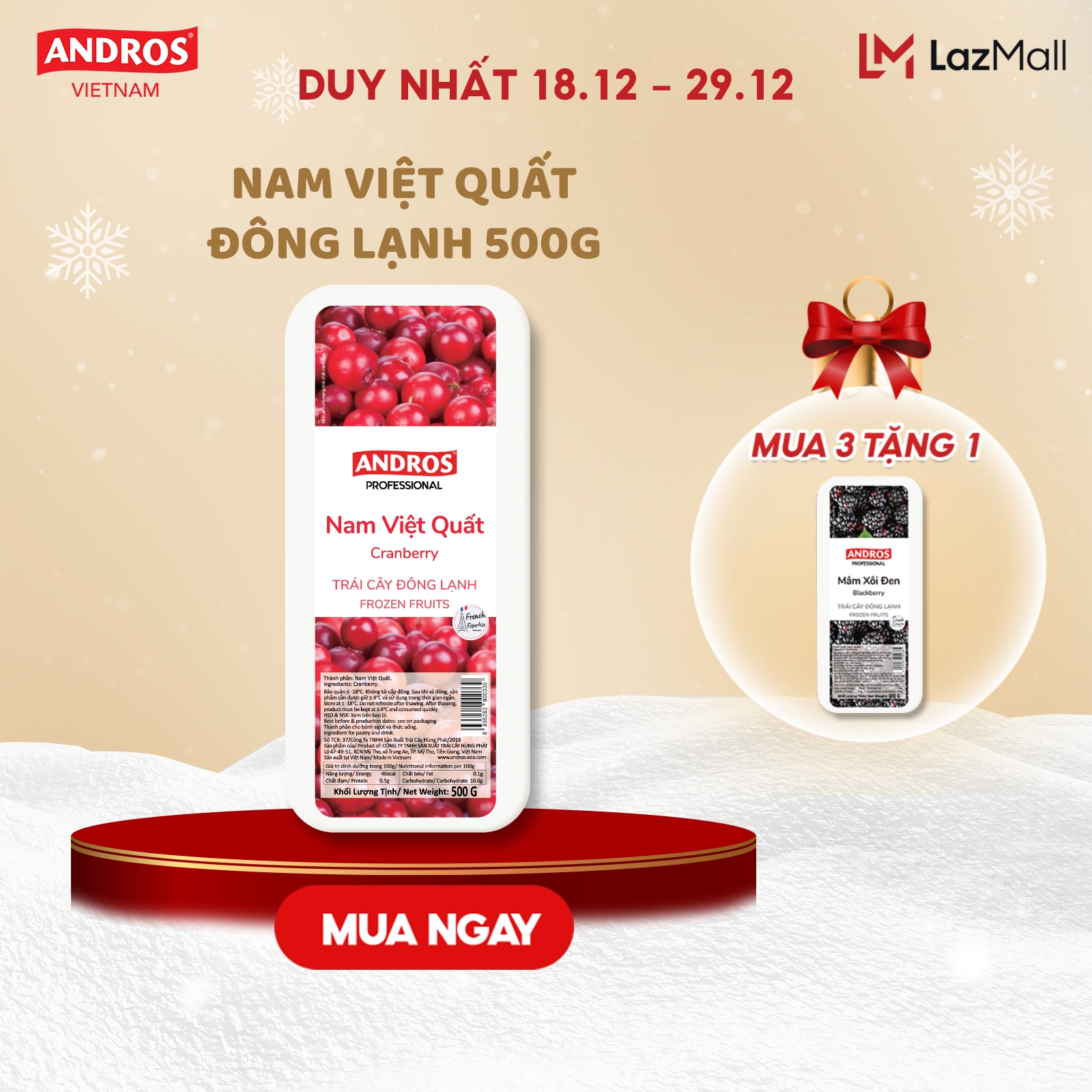   Chỉ Giao Hỏa Tốc - HCM  Nam Việt Quất Đông Lạnh - Không chất bảo quản - Trái cây đông lạnh ANDROS IQF - 500g 