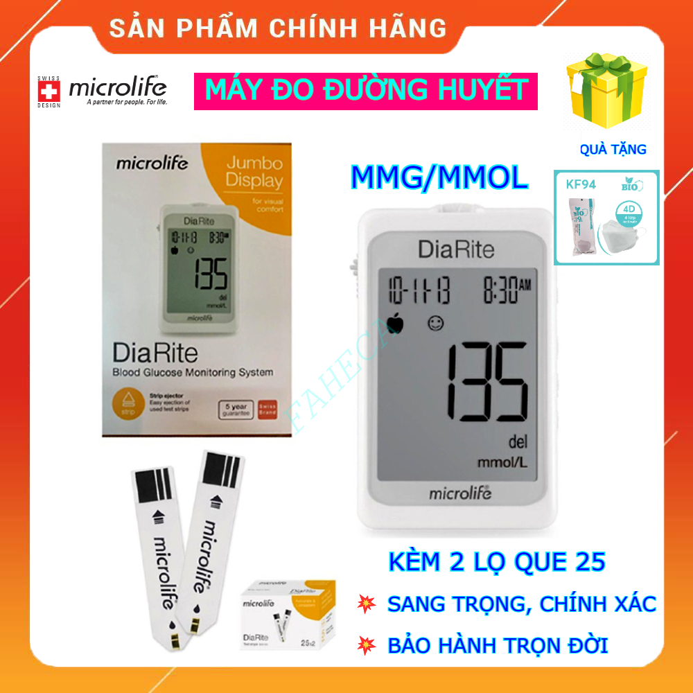 Bô máy đo đường huyết MICROLIFE DiaRite BGM kèm 2 lọ que 25 đơn vị mmg mmol