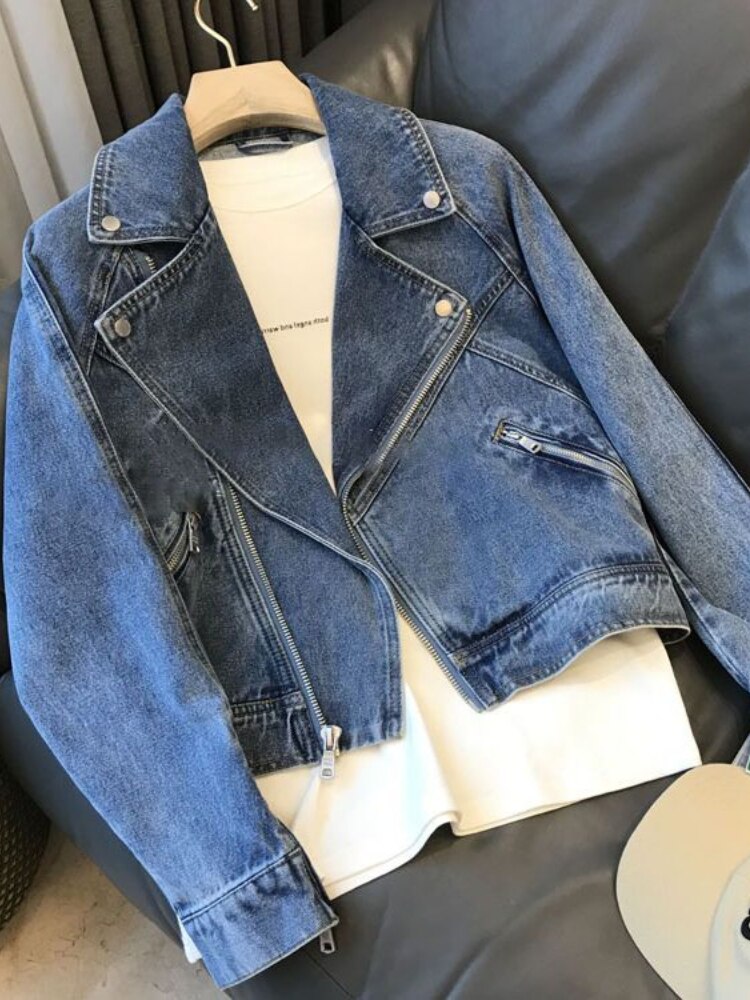 ZZOOI Fitaylor New Spring Autumn Women Fashion Lapel Zipper Denim Jacket Lady Vintage Casual Solid Color Moto Biker Coat Outwear