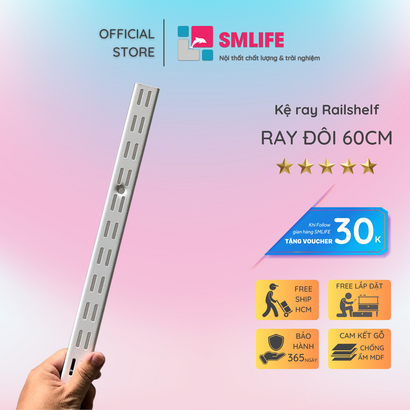 Thanh ray lỗ đôi kệ treo tường Railshelf H60cm bằng thép dày 1,4mm, sơn tĩnh điện màu Trắng/Xám hiện đại