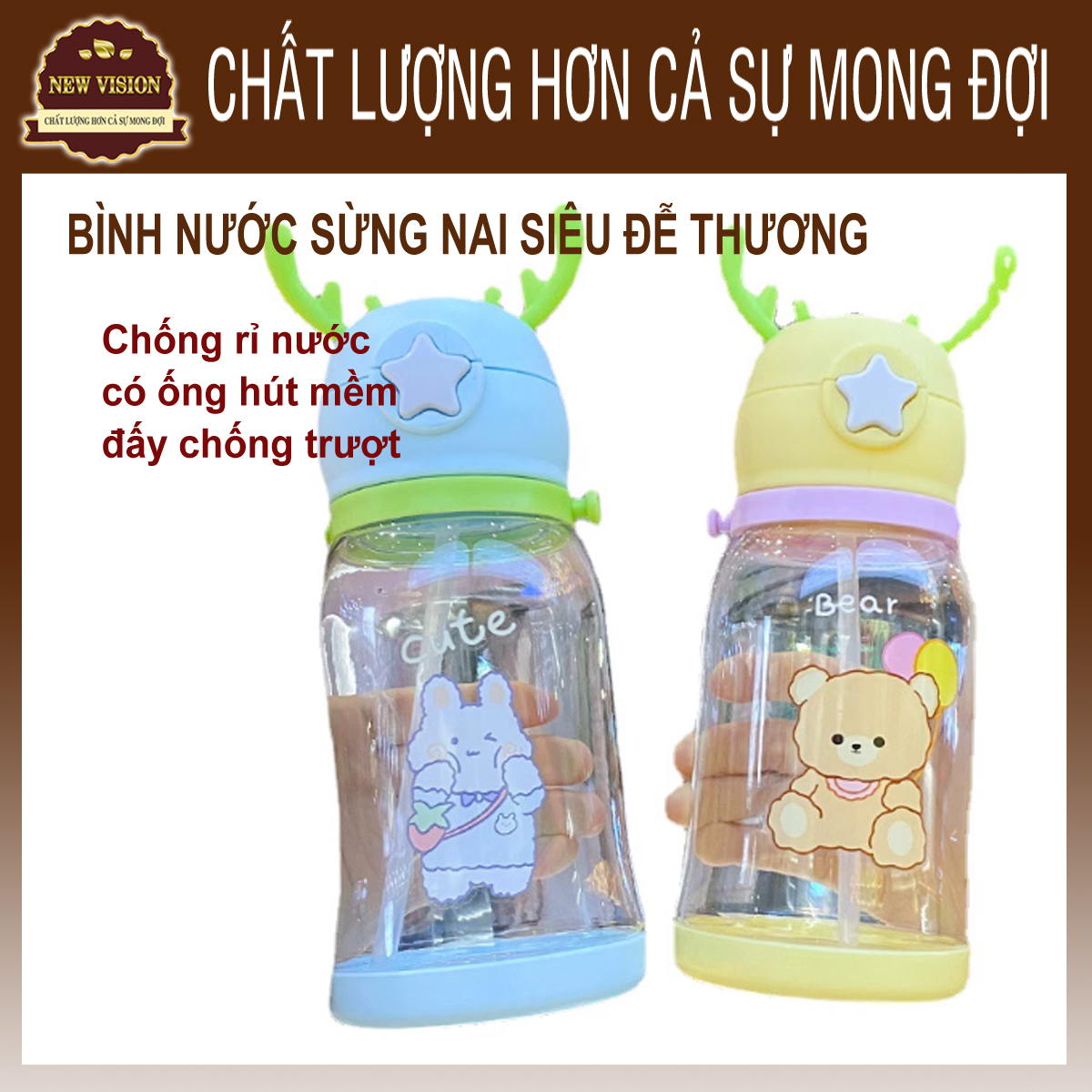 Bình Nước Trẻ Em Ngoại Nhập - Bình Nước Học Sinh - Bình Nhựa Dây Đeo Sừng Nai Dễ Thương Trẻ Em - Bình Uống Nước Trẻ Mồn Non. New Vision