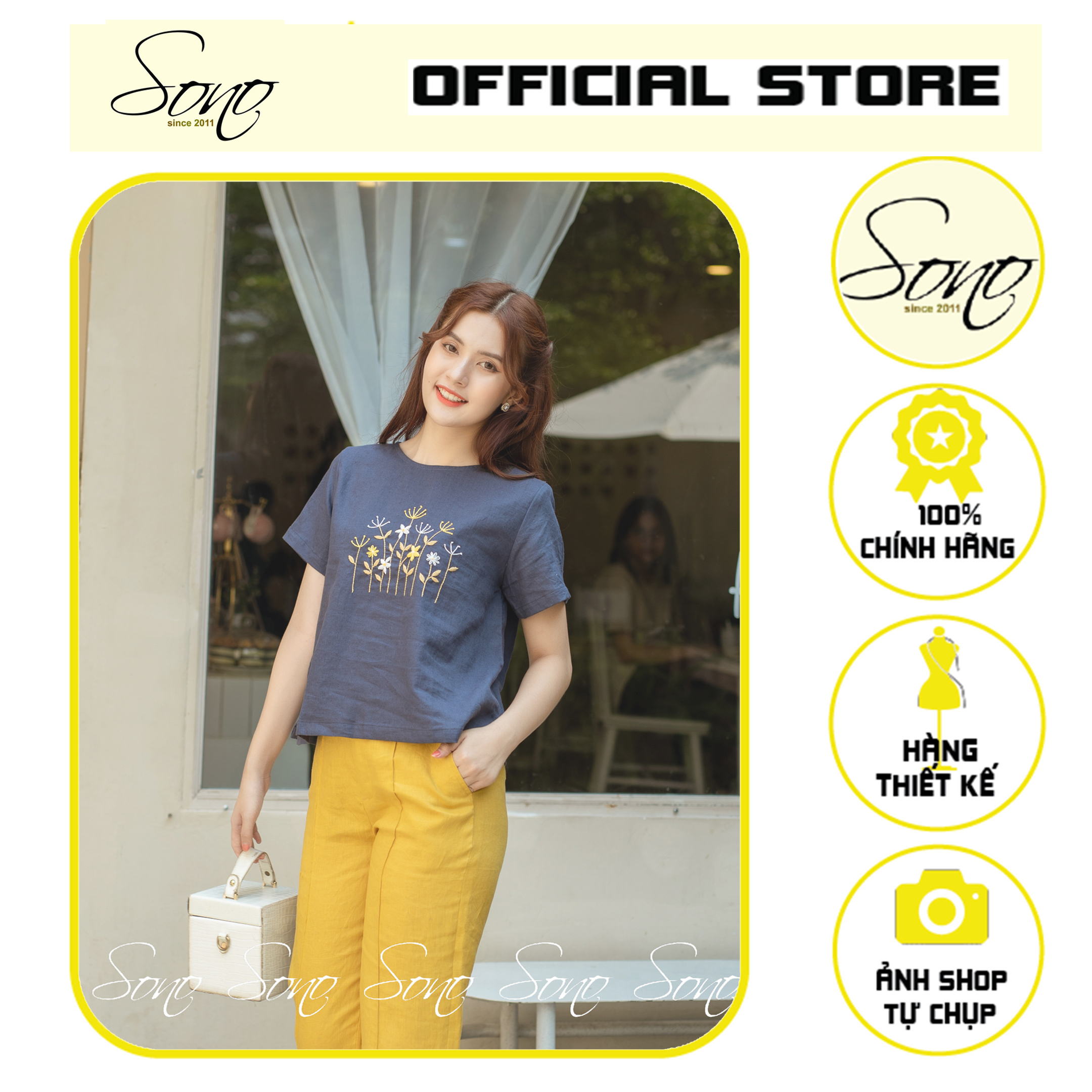 Sono - áo kiểu chất liêu linen thêu tay họa tiết hoa nhí có nhíu sau