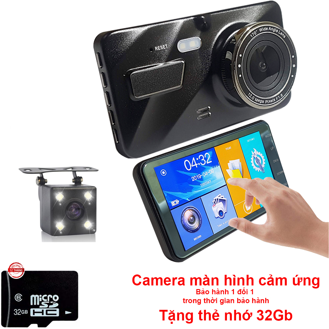 Camera hành trình màn hình cảm ứng, kèm camera lùi, tặng 32Gb