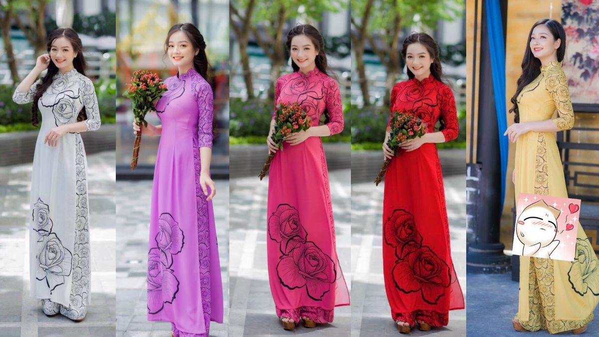Set bộ áo dài truyền thống hoa hồng hoạ tiết in 5d sắc nét - glady g125 - áo dài truyền thống phối hoạ tiết cao cấp, phong cách sang trọng, phù hợp với mọi đối tượng