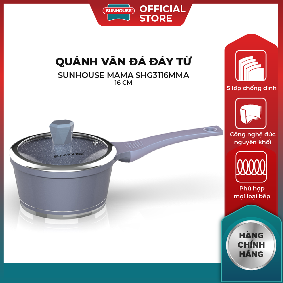 Quánh Vân Đá Đáy Từ SUNHOUSE MAMA SHG3116MMA - 16 cm - Công Nghệ Đúc Nguyên Khối - Chống Dính Vân Đá - Dùng Được Cho Mọi Loại Bếp - Hàng Chính Hãng