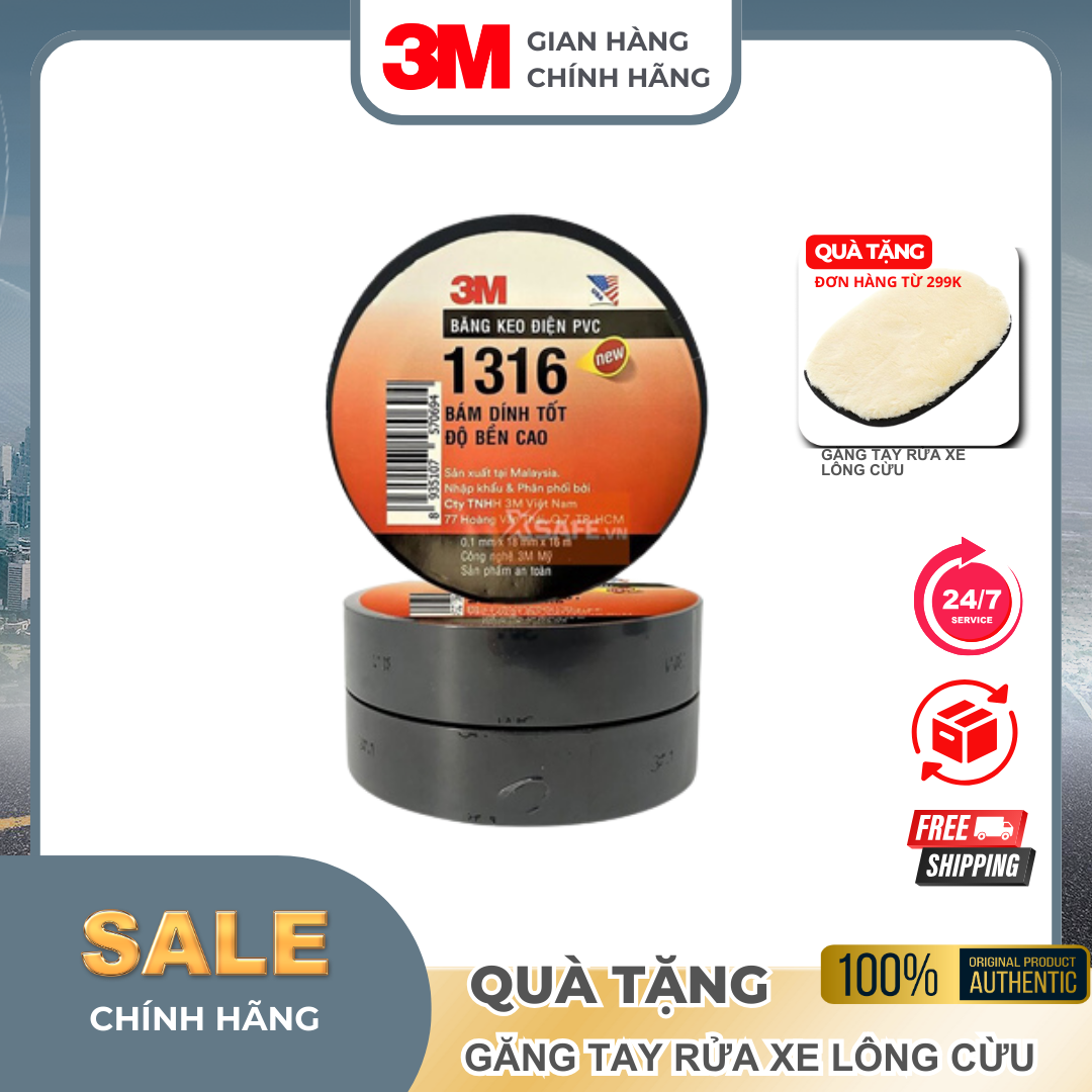[Combo 10 Cuộn] Băng keo điện 3M PVC 1316, màu xanh, khổ 18mm x 16m x 0.1mm