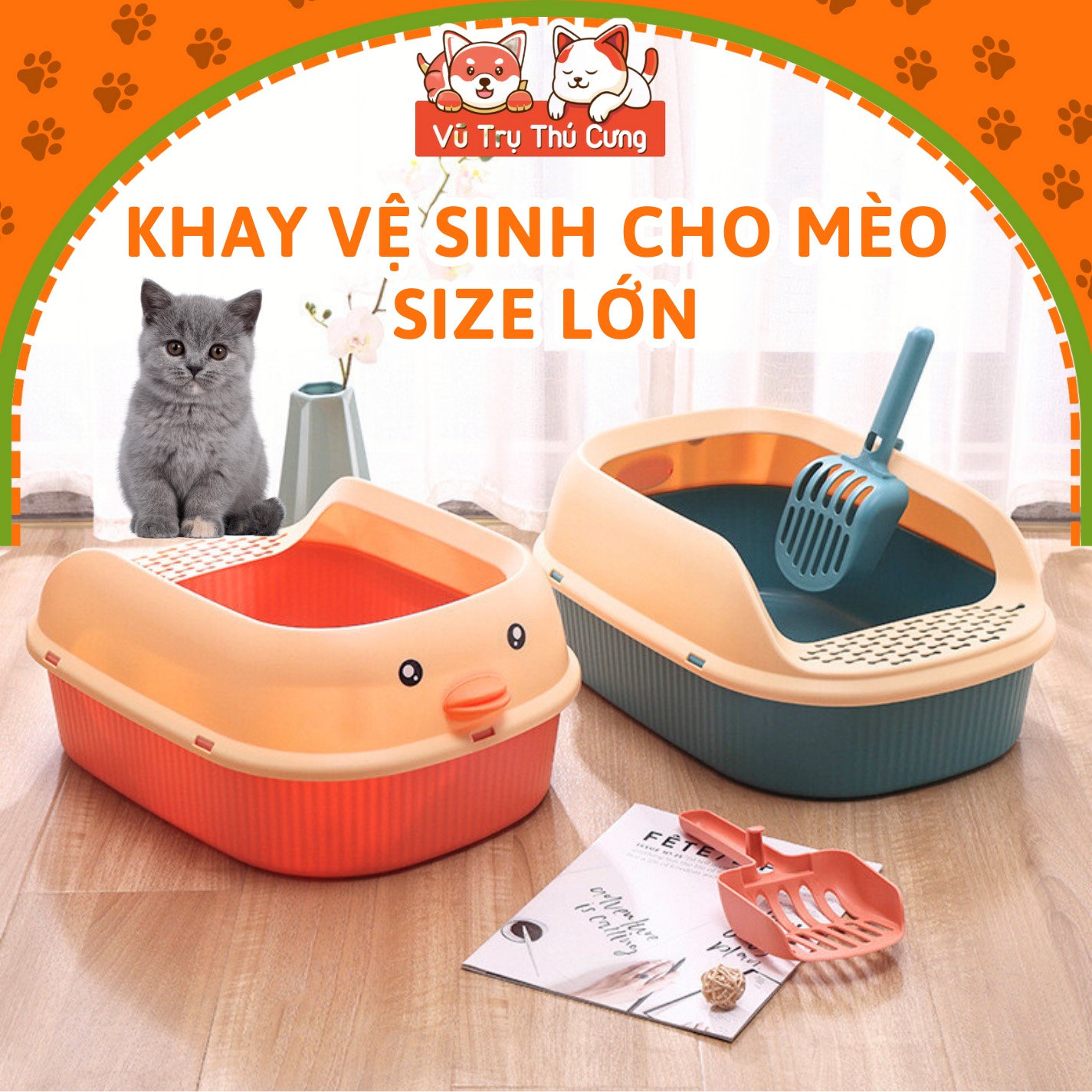 Khay cát vệ sinh cho mèo chống văng cát size lớn, tặng xẻng hốt phân