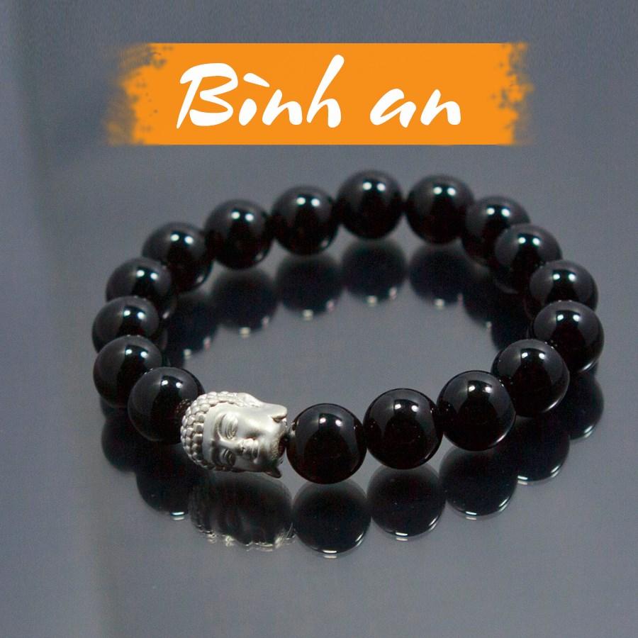Vòng Tay Đá Thạch Anh Đen Mix Đầu Phật Bạc - phong thủy ,may mắn