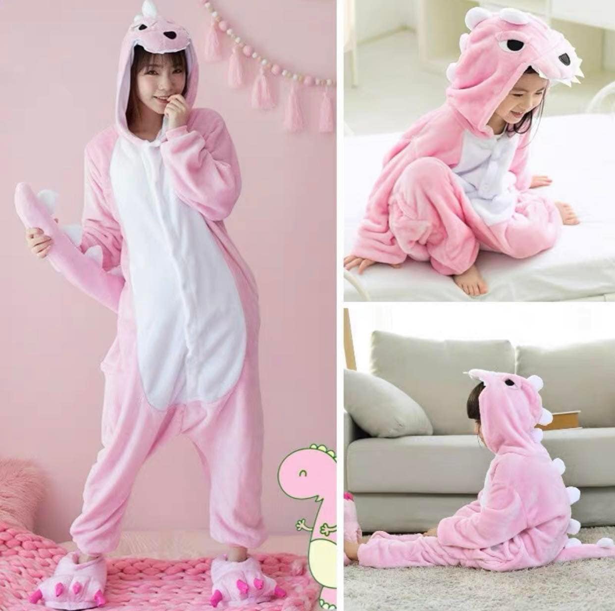 Đồ ngủ thú bộ đồ khủng long hồng liền thân hình thú cho trẻ em và người lớn - bảo store