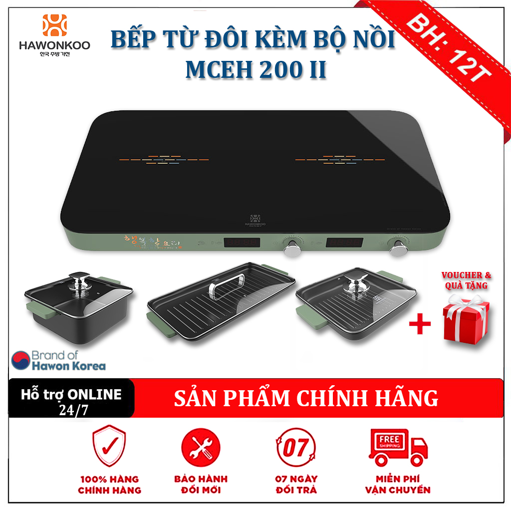 Bếp điện từ đôi inverter kèm bộ nồi lẩu, nướng Hawonkoo MCEH-200-II