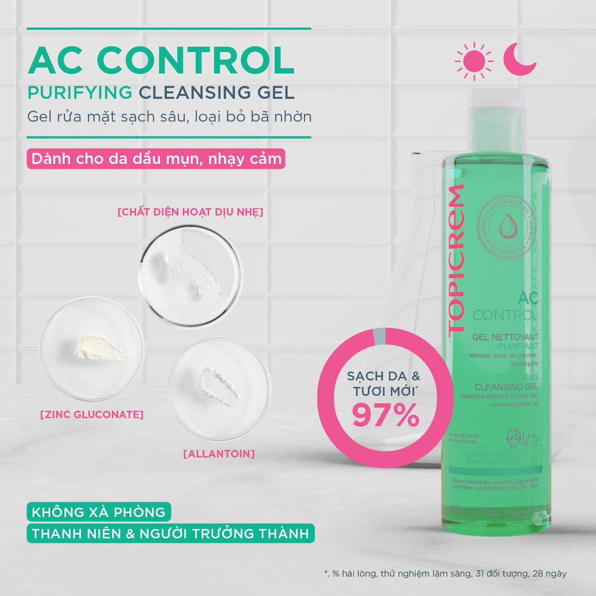 Gel rửa mặt không chứa xà phòng giúp làm sạch nhẹ nhàng và loại bỏ dầu nhờn TOPICREM AC CONTROL PURIFYING CLEANSING GEL