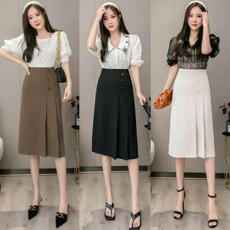 Chân váy 3 khuy dài nữ  lưng cao màu trơn phong cách công sở