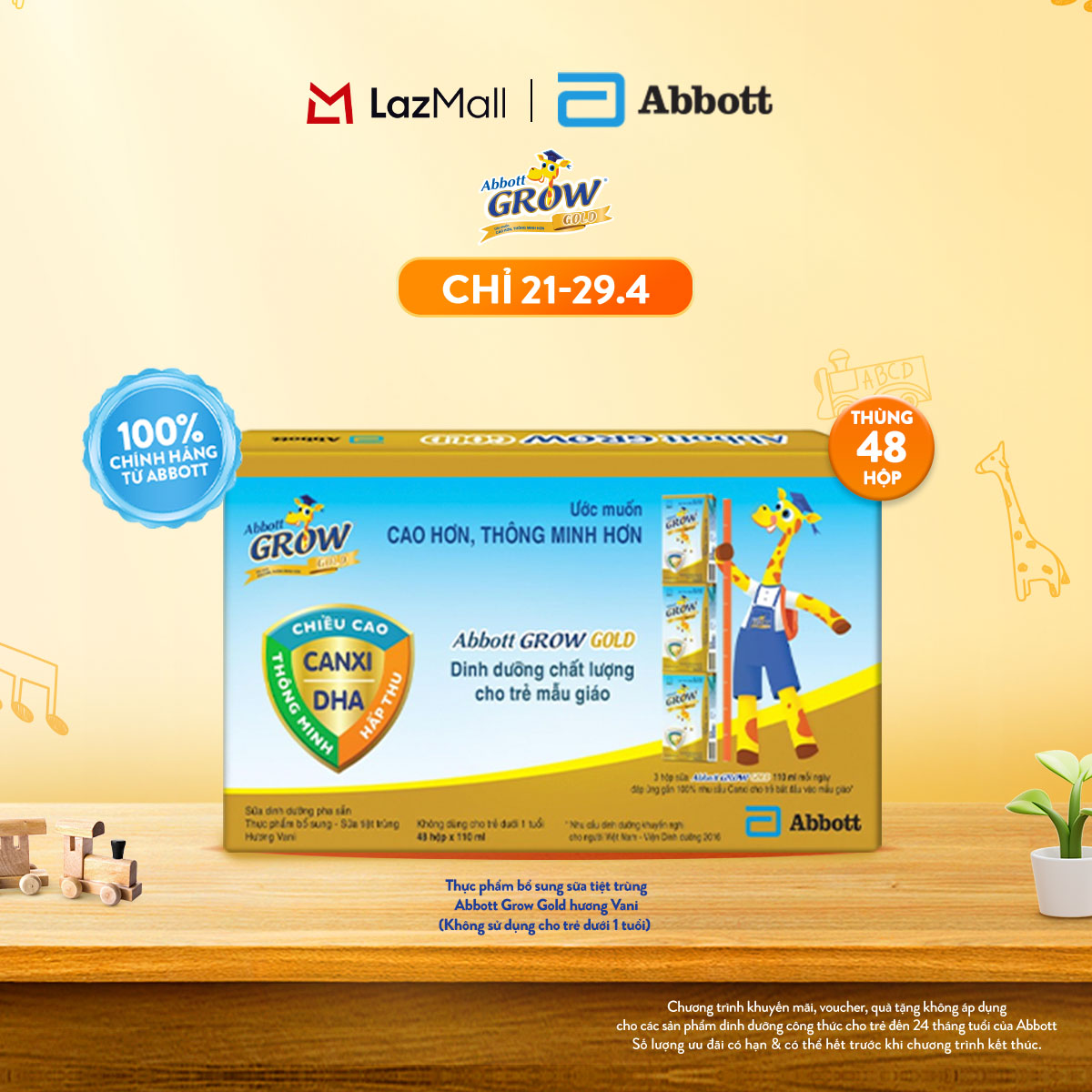[CHỈ 21-29.04 GIÁ TỐT MUA NGAY-SLCH] Thùng 48 hộp thực phẩm bổ sung sữa tiệt trùng pha sẵn Abbott Grow Gold hương Vani 110ml cho trẻ từ 1 tuổi