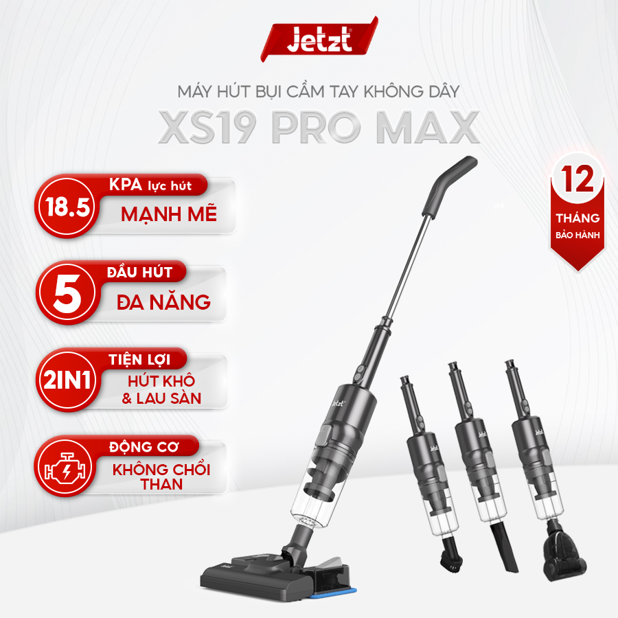 Máy hút bụi cầm tay không dây JETZT XS19 lực hút mạnh 18.500PA, lau sàn hút bụi đa năng 5in1