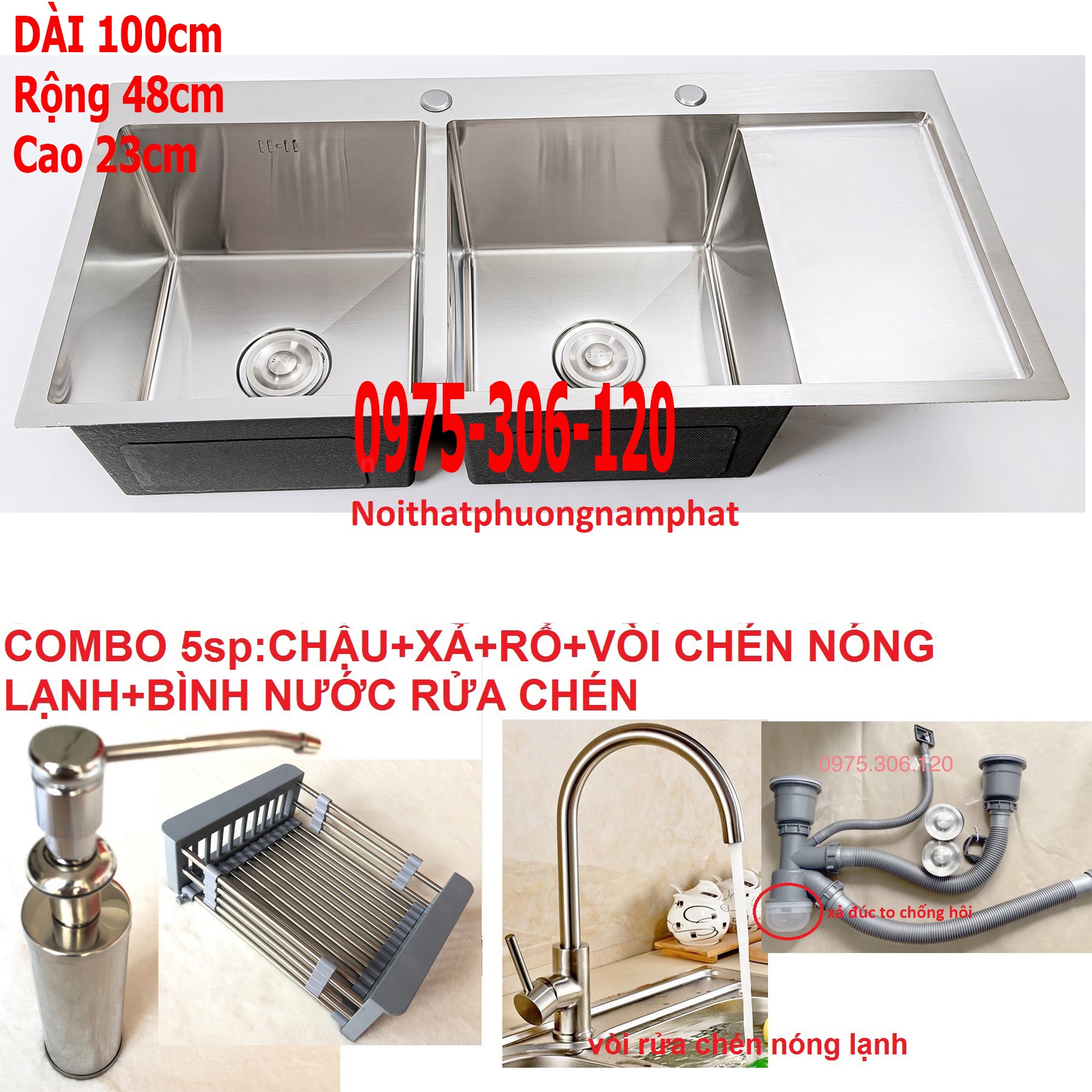 [HCM][CHẬU ĐÚC] Combo Chậu Rửa Chén Bát INOX 304 N1 10048 NA.GRAND và Xả Thoát Nước và Rổ Đa Năng và Vòi Rửa Chén Nóng Lạnh và Bình Nước Rửa Chén GIÁ SIÊU RẺ HÀNG ĐẢM BẢO