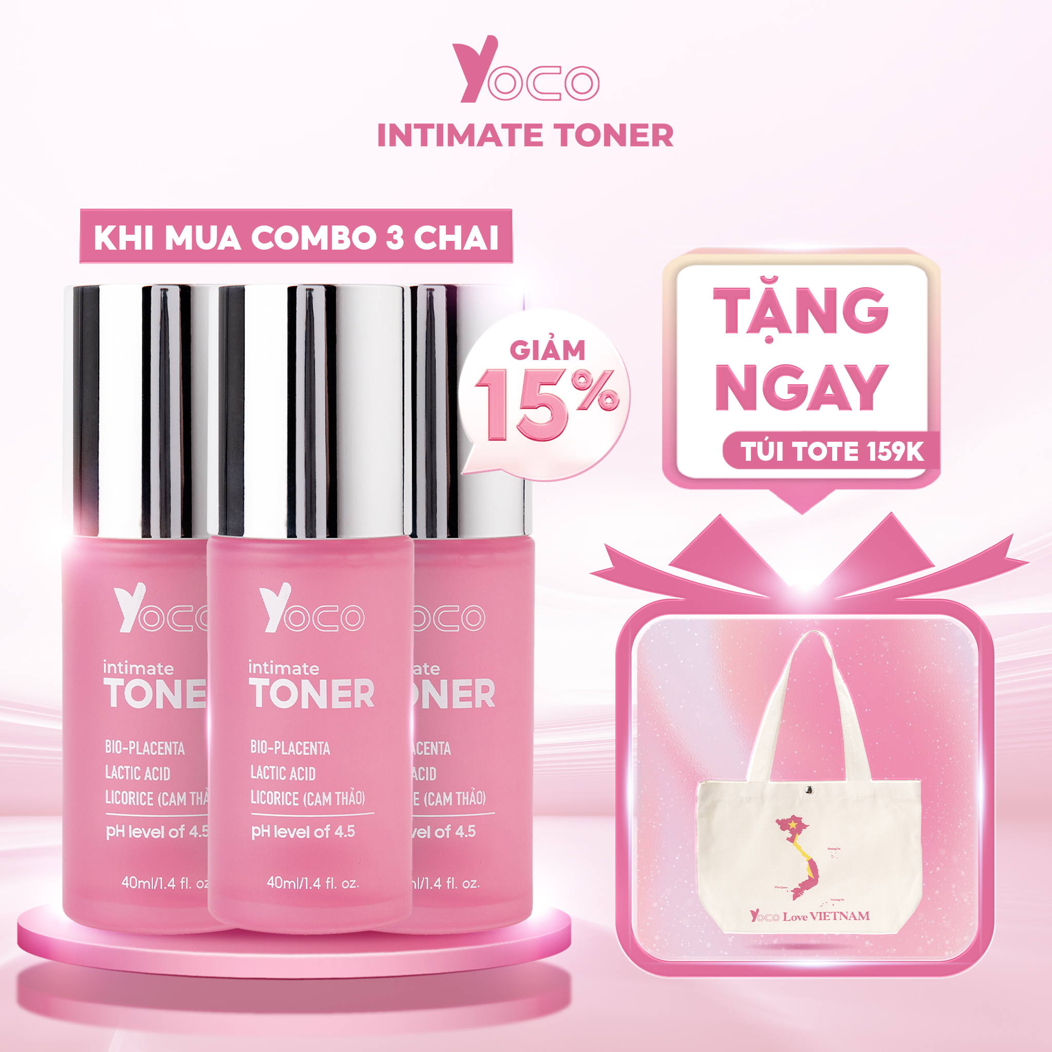 COMBO 3 CHAI TONER YOCO - Toner chuyên biệt dành cho vùng kín giúp chị em bảo vệ toàn diện CÔ BÉ, giúp cô bé luông hồng hào, tươi mới, giúp tăng khoái cảm phòng the
