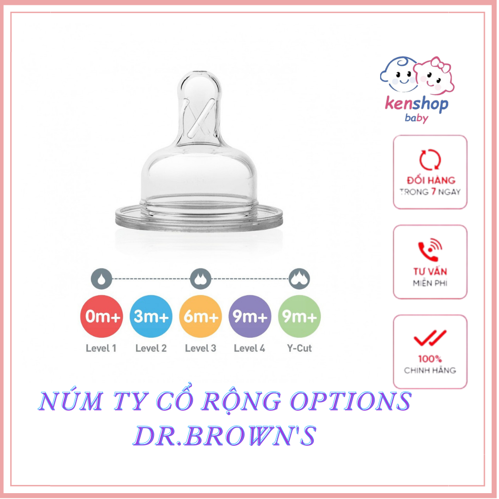 Set 2 núm ty silicone thay thế bình sữa Dr.brown's cổ rộng dòng option