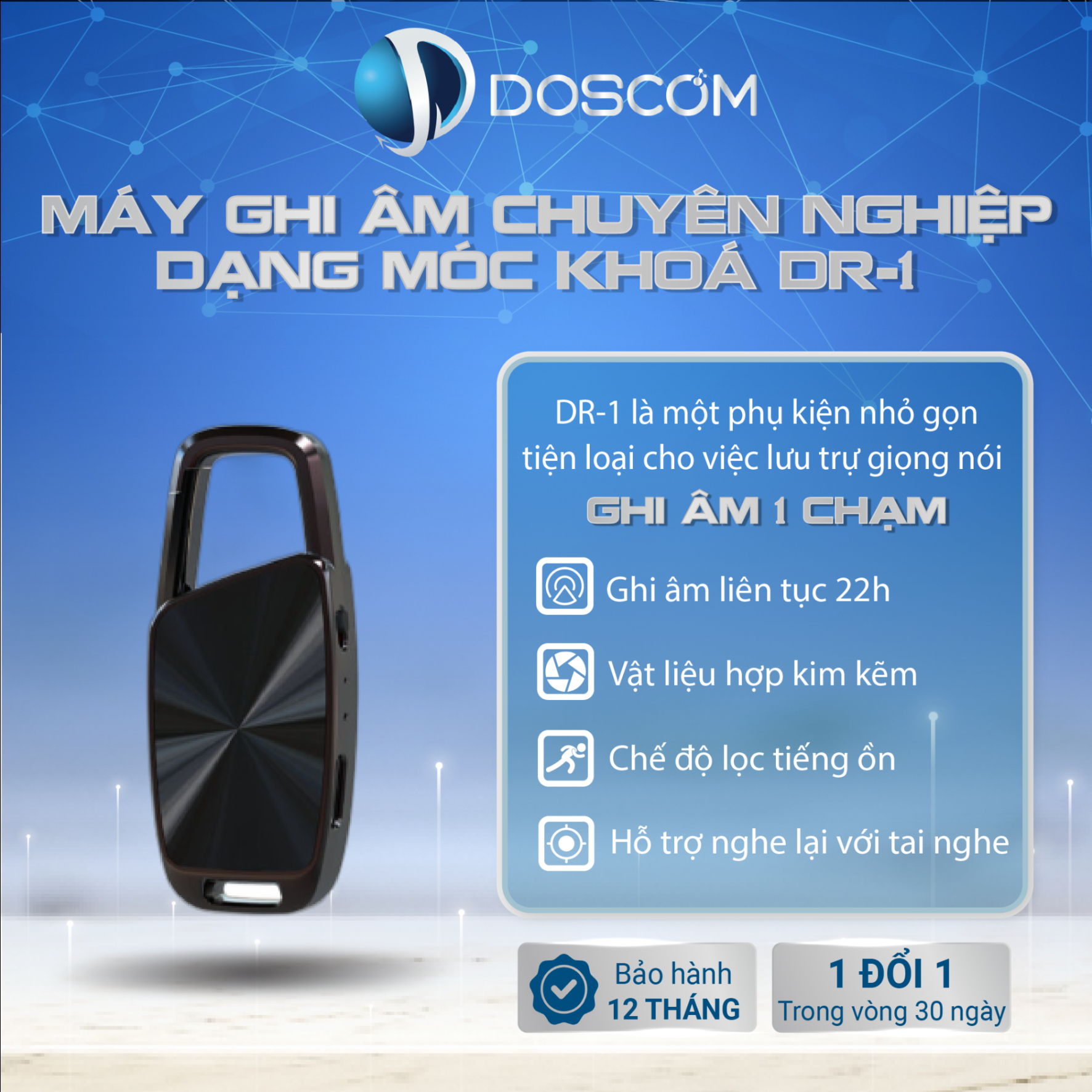 Máy Ghi Âm Chuyên Nghiệp Dạng Móc Khóa Doscom DR-1 Nhỏ Gọn, Độ Nét Cao, Tích Hợp Công Nghệ Lọc Tạp Âm