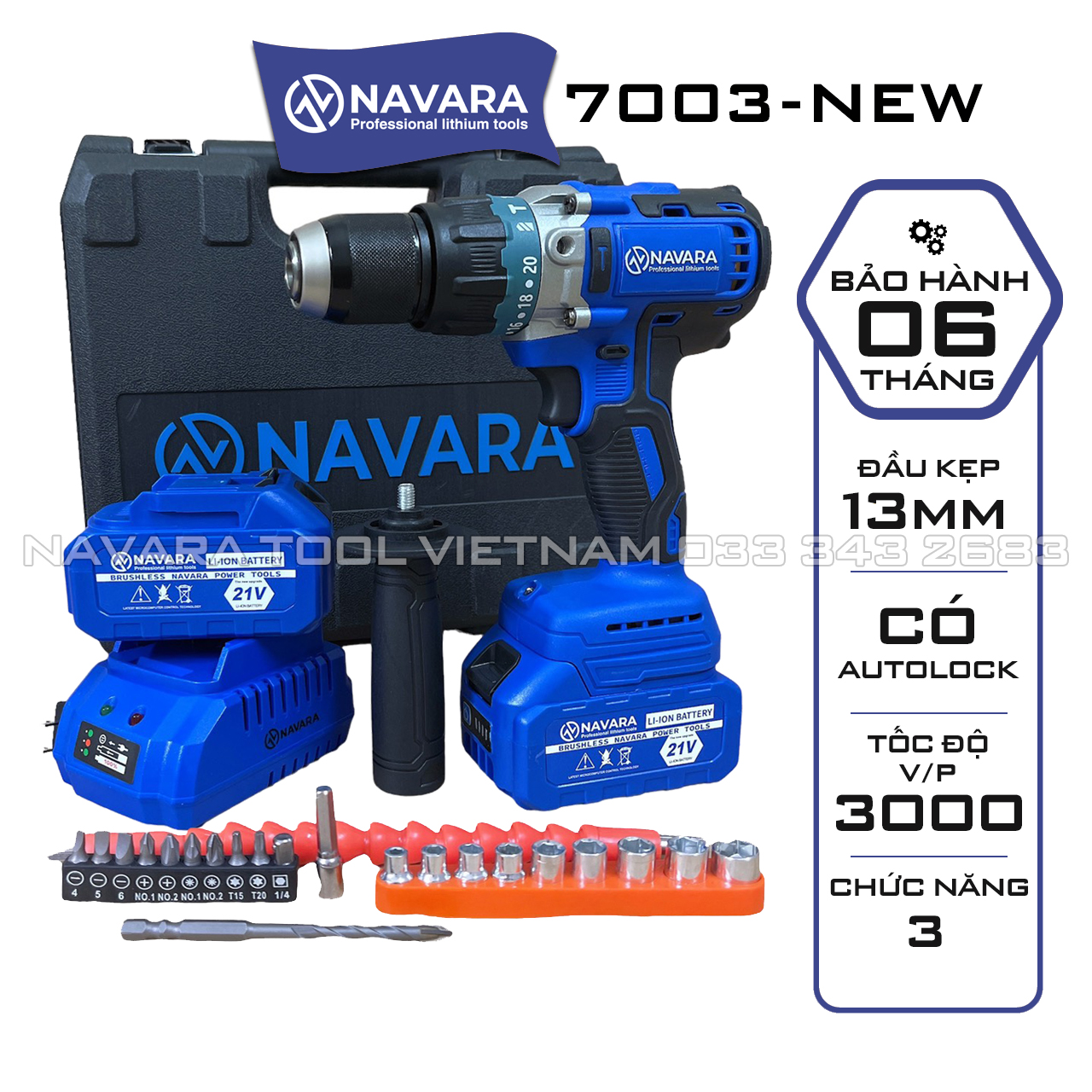 Máy khoan dùng pin Navara 7003 Tặng 22 phụ kiện Động cơ Không Chổi Than Đầu 13 ly Hàng cao cấp