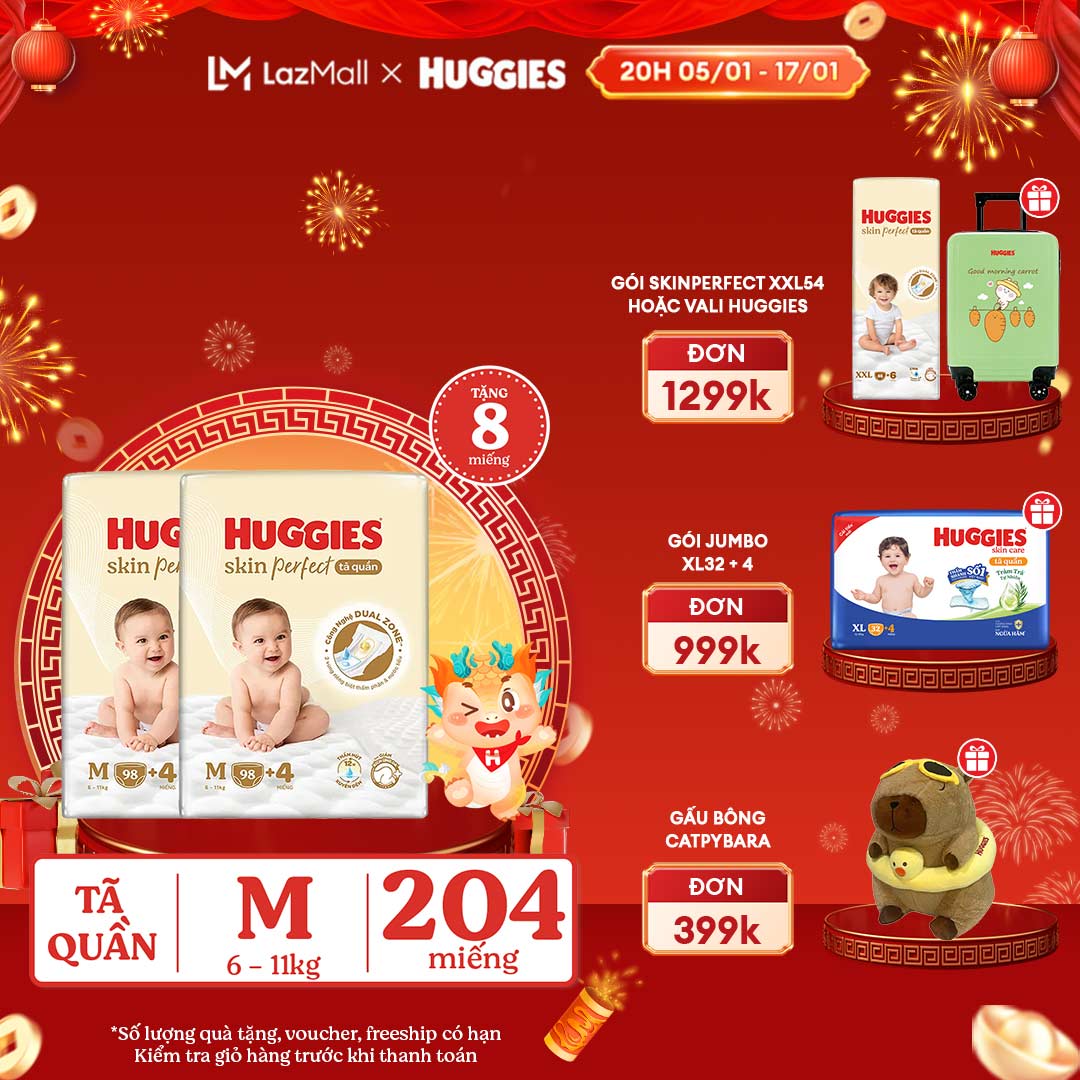 [CHỈ 20H 05-17.01 QUÀ TẶNG ĐH 399K] Combo 2 Tã quần Huggies Skin Perfect M Mega Jumbo 98+4 miếng với 2 vùng thấm giảm kích ứng da