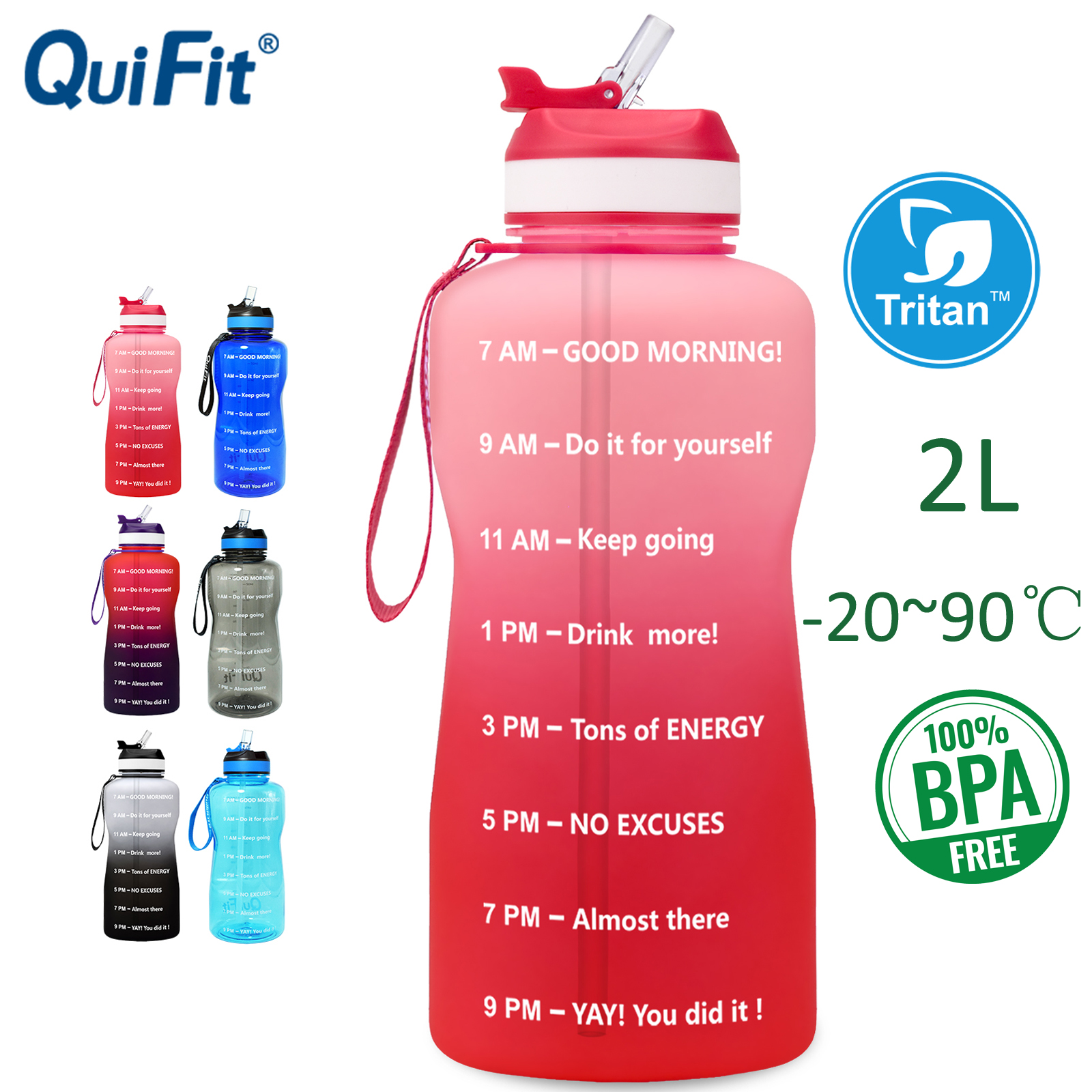 QuiFit 2L 64Oz Chai Nước Có Tạo Động Lực Rơm Và Mốc Đánh Dấu Thời Gian Chai Không Chứa BPA Cho Cắm Trại Ngoài Trời Leo Núi Rèn Luyện Tập Gym Thể Thao Tập Luyện