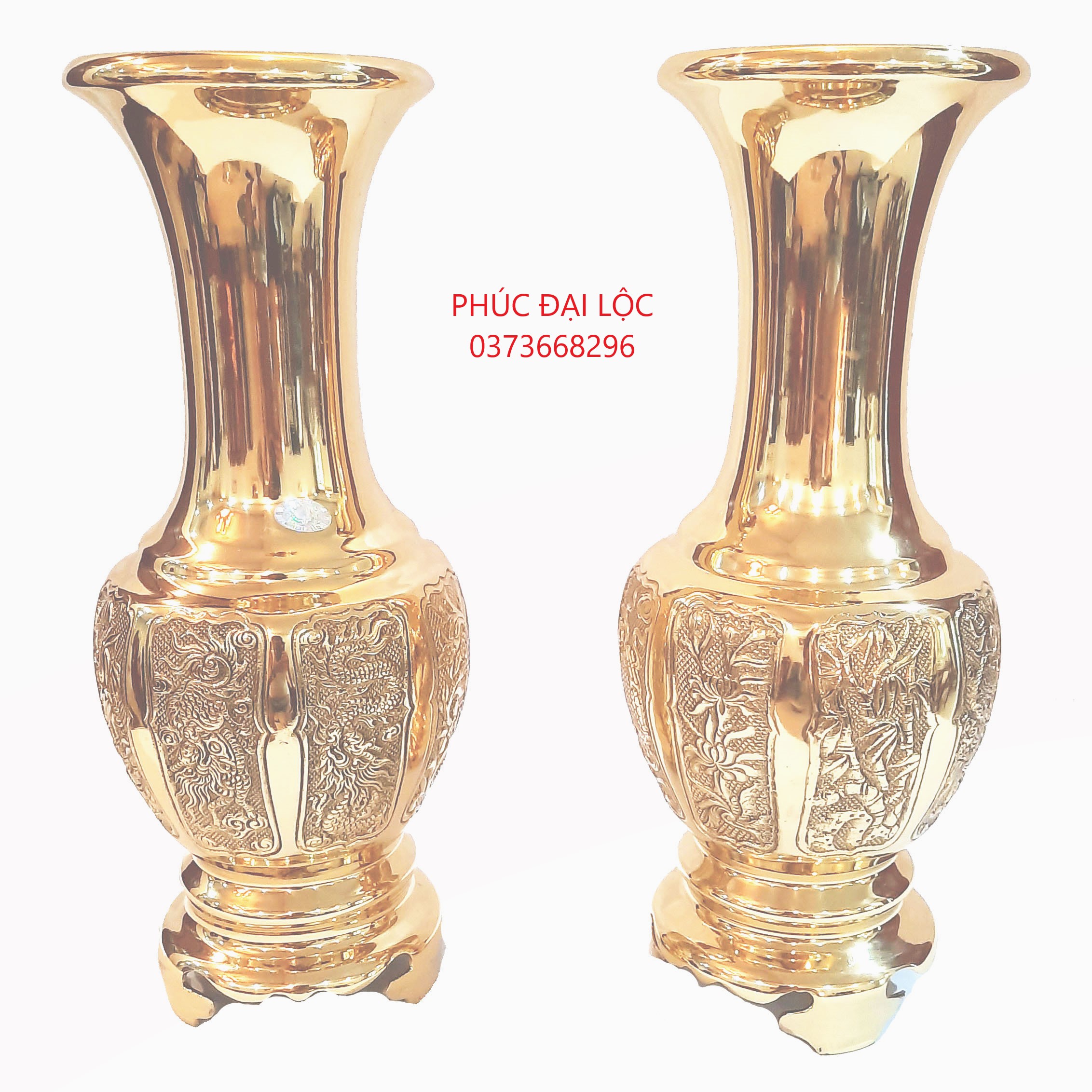 Đôi lọ hoa Tứ Quý bằng đồng cao 35cm màu vàng sáng bóng