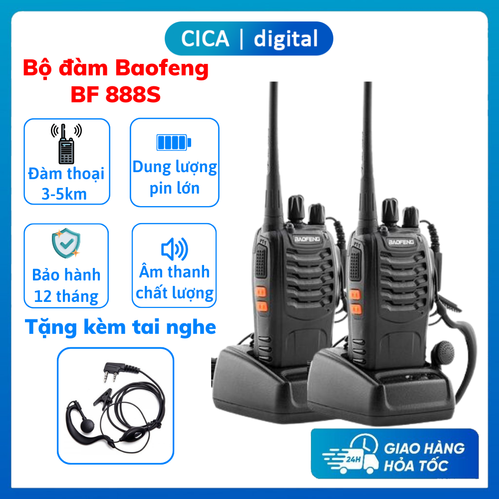 Bộ đàm BAOFENG BF-888S tặng kèm tai nghe, khoảng cách đàm thoại từ 3km-5km, 16 kênh, sạc pin, nhỏ gọn tiện lợi, Bảo hành 12 tháng