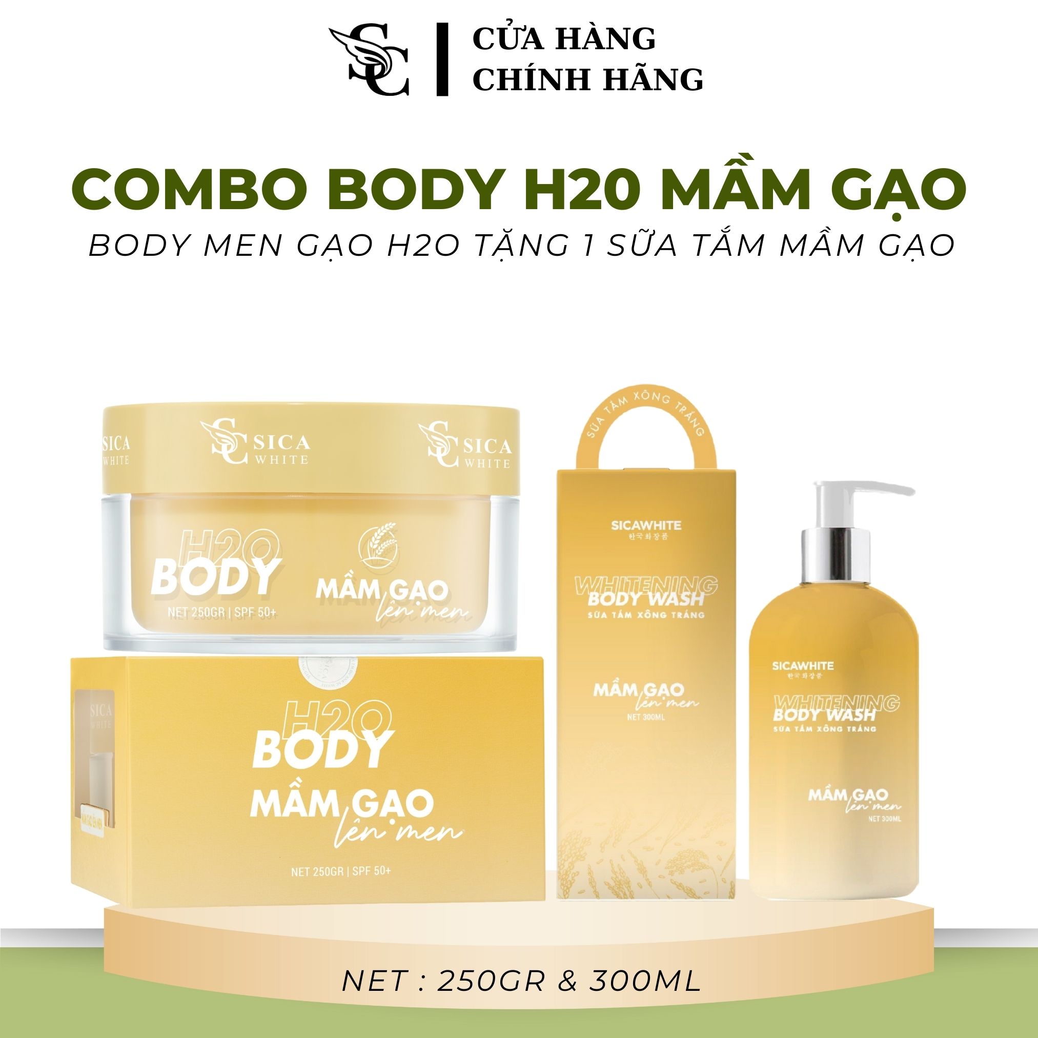 Combo body h2o mầm gạo lên men tặng sữa tắm xông trắng, kem body mầm gạo sica, body vàng