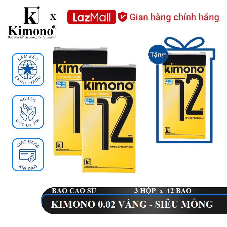 Bộ 2 hộp bao cao su kimono 0.02 vàng 12 bao - siêu mỏng + tặng 1 hộp cùng loại 12 bao.