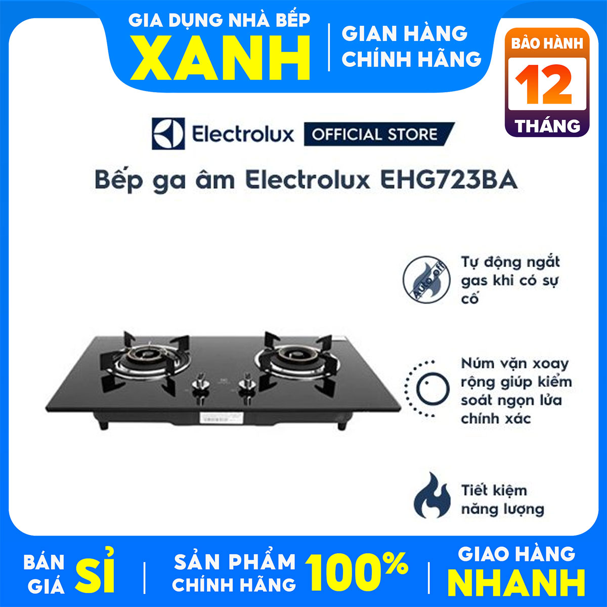 Bếp gas âm đôi Electrolux EHG723BA Mới Chính Hãng+Tặng Van Dây gas-ngắt gas tự động,đầu hâm tiện lợi,đánh lửa IC,Chất liệu đầu đốt đồng thau-BH 24 tháng