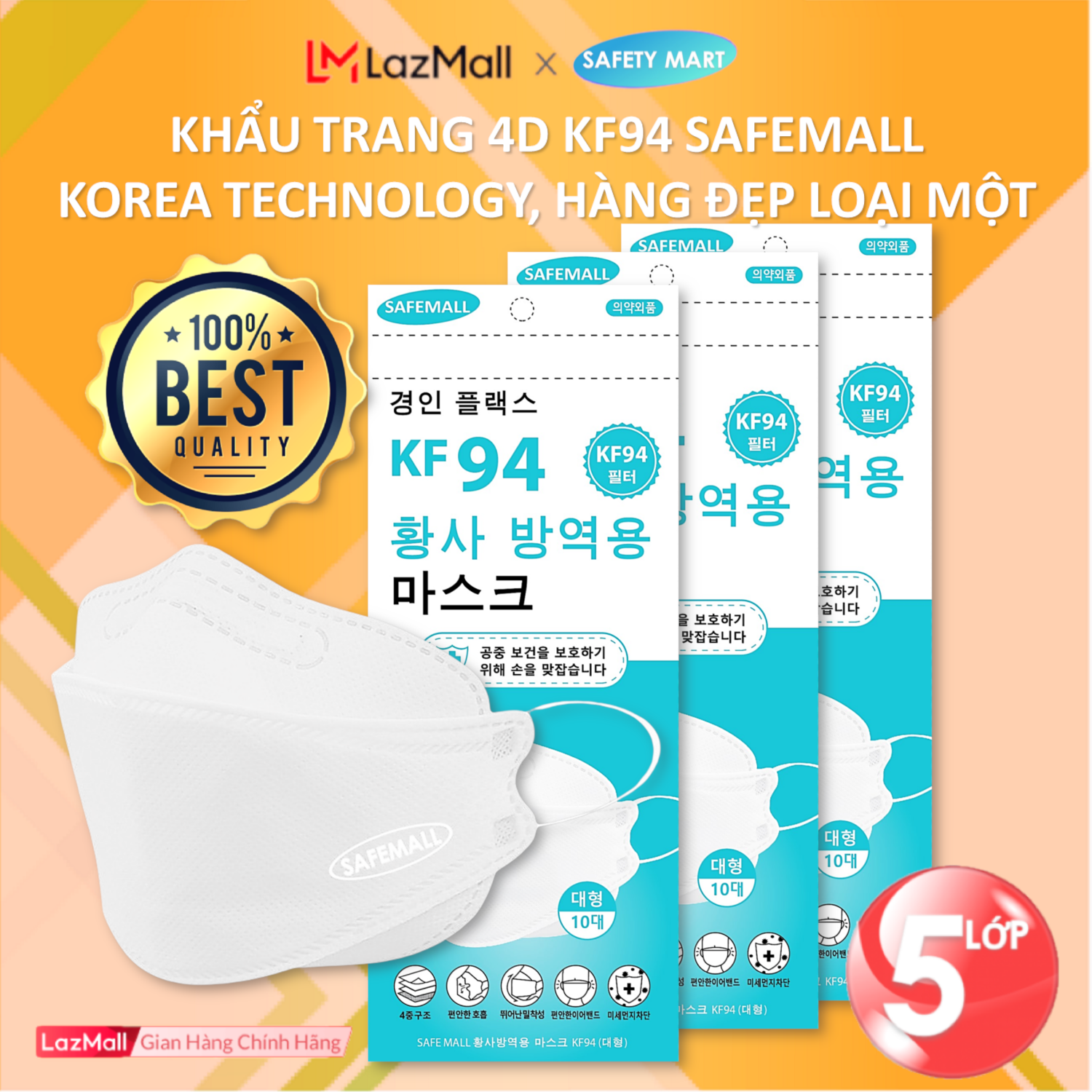 [HOT] Thùng 300/200 chiếc Khẩu trang y tế 4D KF94 SafeMall Korea Technology, 5 lớp vải kháng khuẩn, kháng bụi mịn lên đến 99%, Khẩu trang dày đẹp loại - Hàng Chính Hãng Safety Mart Official
