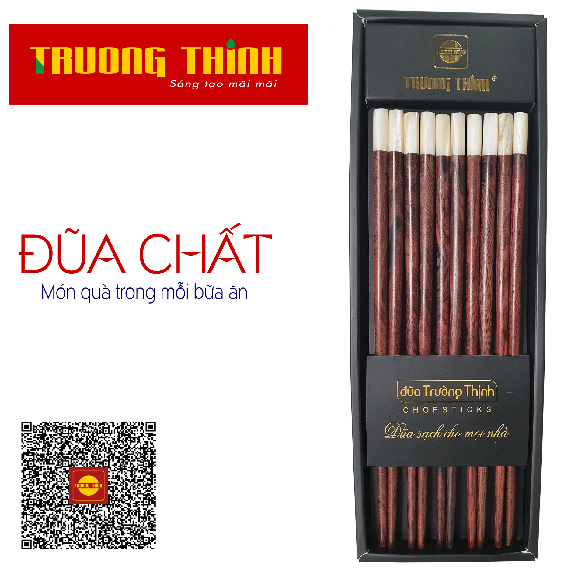 Đũa gỗ trắc vân đầu gắn ngọc trắng cao cấp - hộp màu đen - 10 đôi tròn