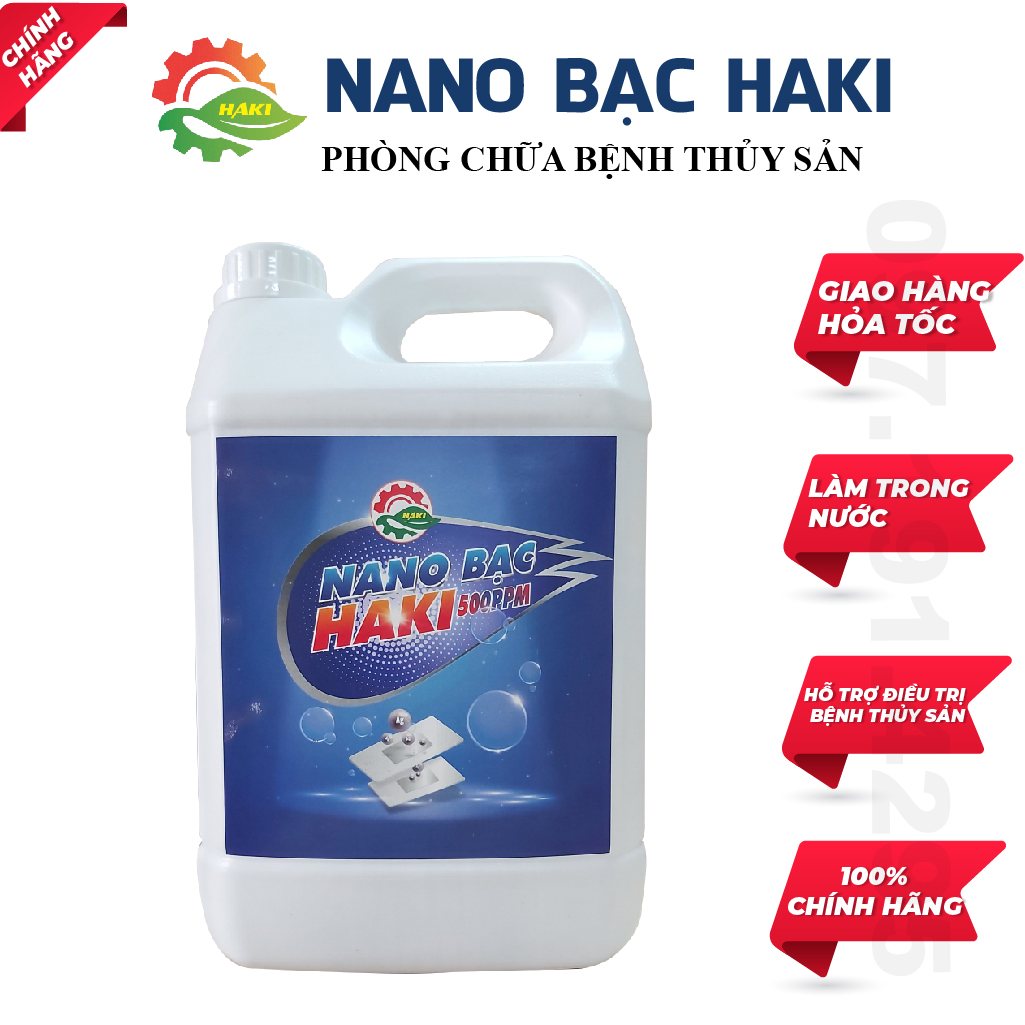 Nano bạc thủy sản nguyên chất Haki đậm đặc 500ppm xử lý làm trong nước ao nuôi, diệt tảo, phòng và trị bệnh cho thủy sản tôm cá ốc baba lươn ếch chất lượng hiệu quả- CAN 5L