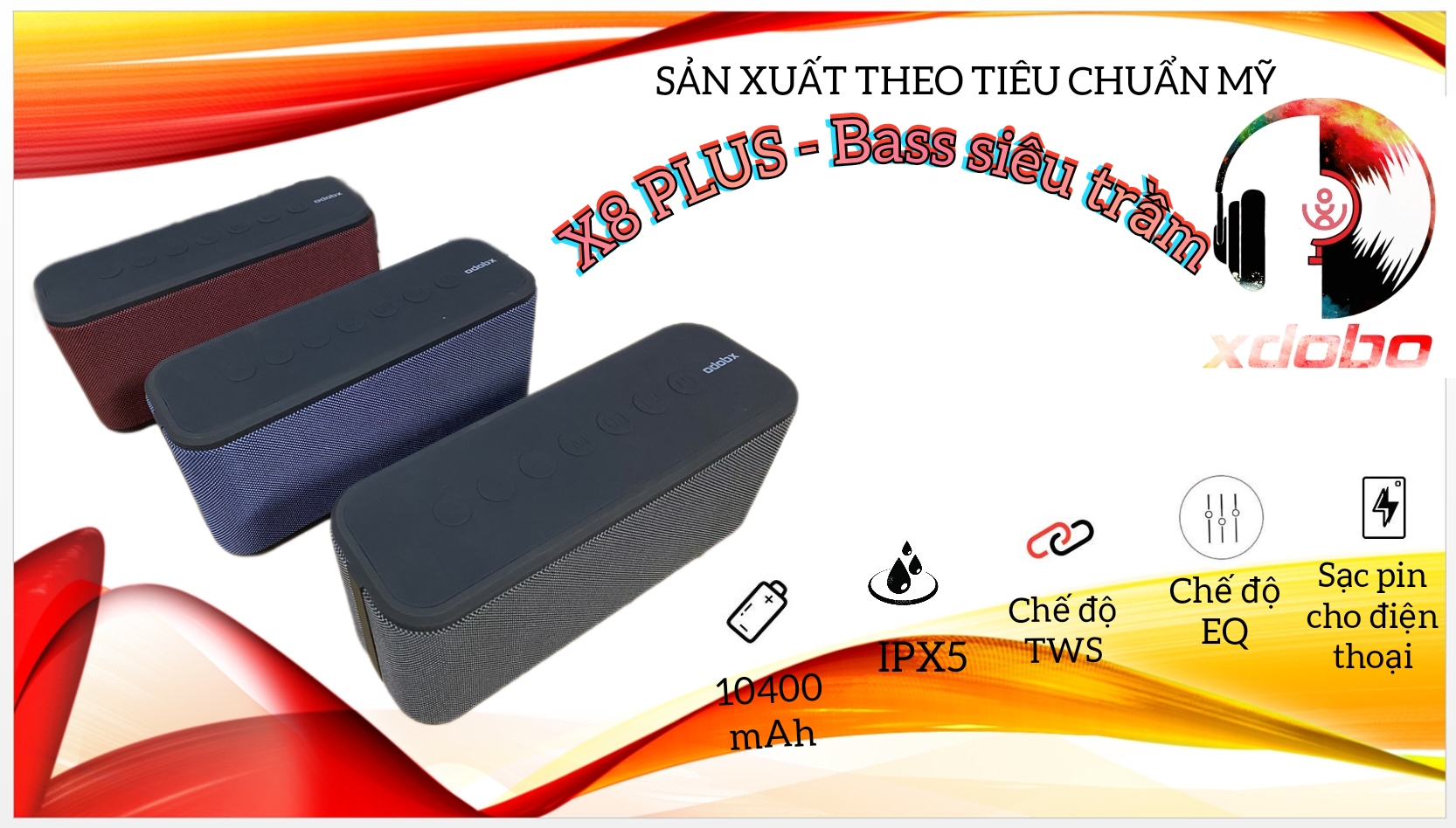 Loa bluetooth xdobo x8 plus , công suất 80w, pin 10400mah, bass siêu trầm,chống nước ipx5, sạc dự phòng cho điện thoại, hỗ trợ chế độ eq, tws