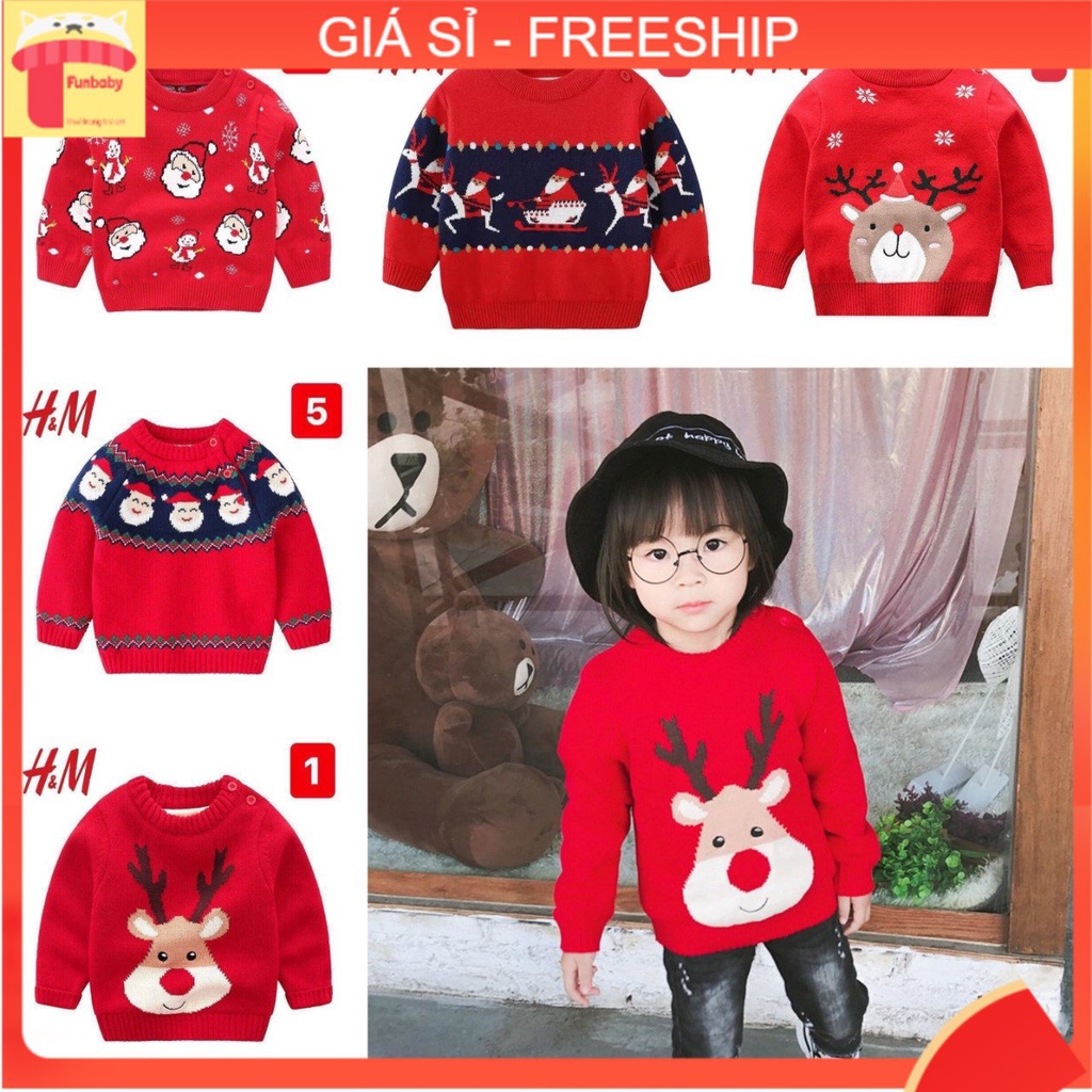 Áo len Noel cho bé 1-9 tuổi , Áo len 2 lớp màu đỏ bé trai và bé gái hình đáng yêu đanh sợi không bai xù