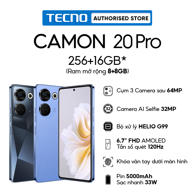 Điện thoại thông minh tecno camon 20 pro 8gb/256gb - camera 64mp + 32mp | helio g99 5000 mah/ 33w | 6.7'' fhd amoled