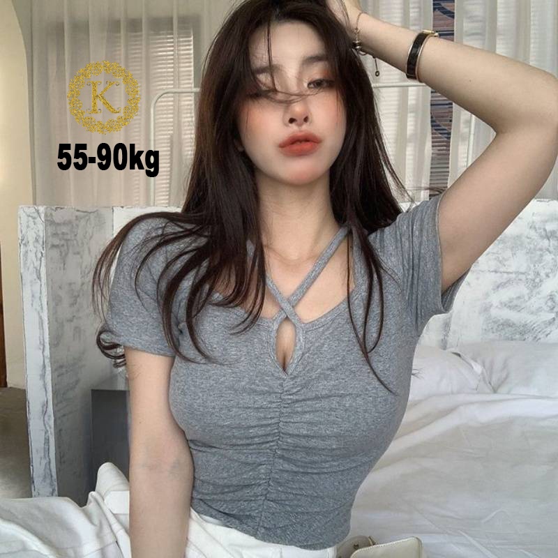 Áo croptop tay ngắn bigsize 55-90kg, áo kiểu croptop vạt bầu bigsize kim fashion AT16