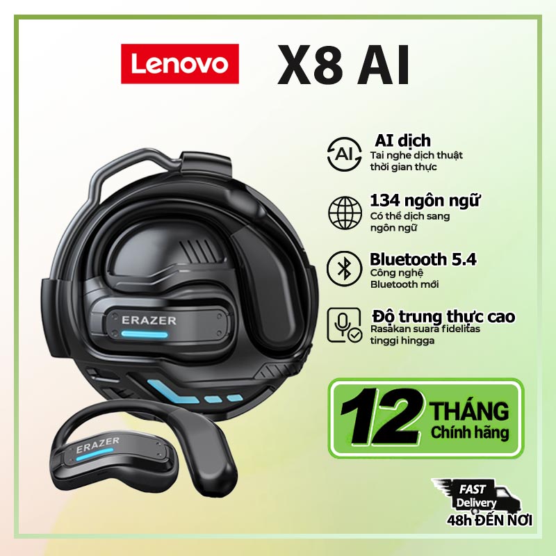  【Vận chuyển từ Việt Nam Lenovo ERAZER X8 Tai nghe không dây Tai nghe dịch thuật thời gian thực AI Dịch thuật AI OWS Bluetooth Tai nghe không dây V5.4 Tai nghe dẫn xương 