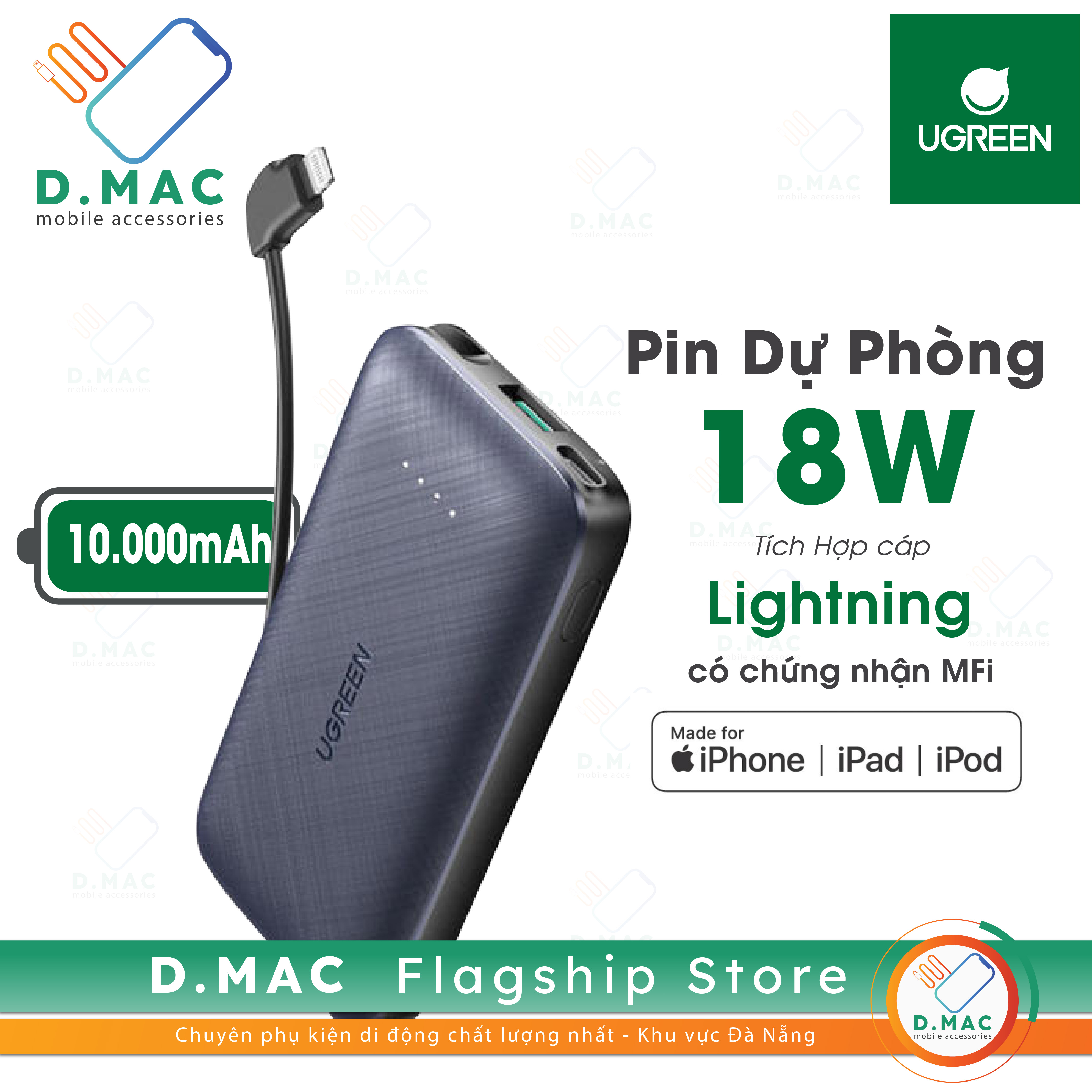 D.mac pin sạc dự phòng mini ugreen tích hợp dây sạc lightning chuẩn mfi pd 18w c94