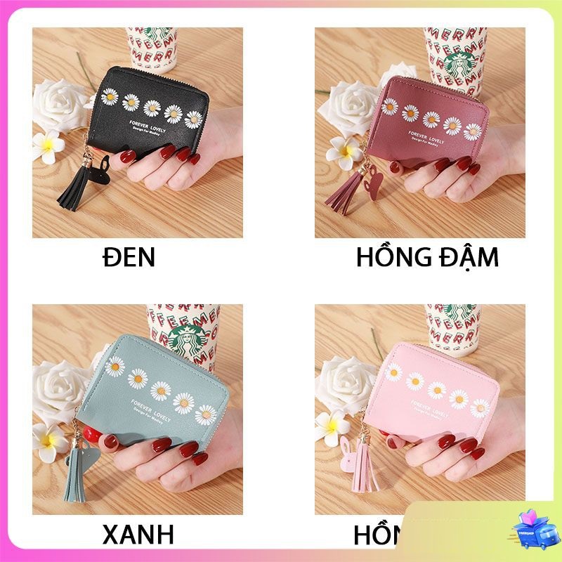 Ví bóp ngắn nữ mini cao cấp 5 bông hoa cúc NTNV013 nhỏ gọn bỏ túi khóa kéo thời trang dễ thương