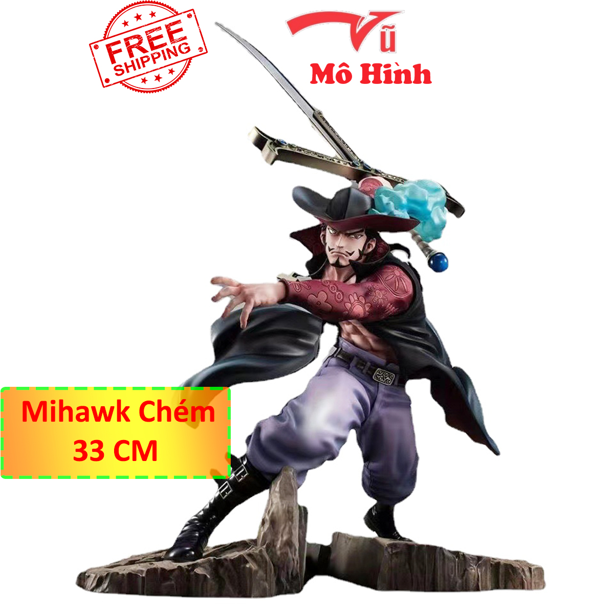 Mô hình One Piece Mihawk Mắt diều hâu tư thế chém Zoro cao 33cm nét đẹp -Vũ mô hình